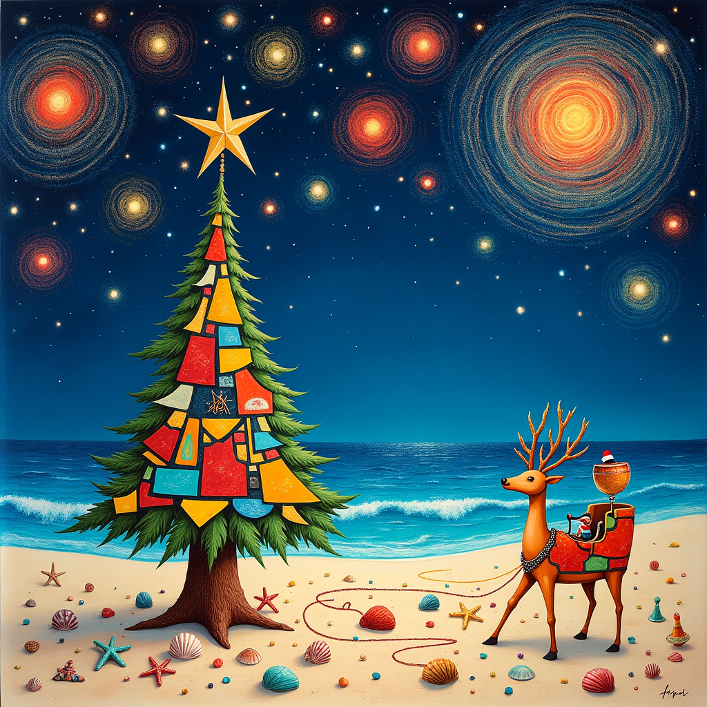 On the front cover of this surreal Christmas greeting card, the viewer is transported to a whimsical Florida beach on a starry night, where an enchanting, dreamlike fusion of holiday and beach themes unfolds. The sky is a canvas of abstract fireworks, with spirals and swirls in vibrant reds, blues, and golds reminiscent of Jackson Pollock's energetic strokes. These fireworks take the form of twisting, elongated palm tree fronds, their ends crackling with star-like bursts.

In the foreground, a Christmas tree composed of geometric shapes, inspired by Piet Mondrian's style, stands proudly on the sandy shore. The tree's triangular sections are filled with blocks of primary colors, interspersed with patches of silver and gold glittering ornaments. Surrounding the base of the tree are seashells, scattered in a circular pattern akin to a sacred mandala, with tiny starfish and sand dollars that echo Agnes Martin's minimalist grids.

To the right, a reindeer, painted in the bold, expressive brushstrokes of Willem de Kooning, prances across the sand. Its antlers stretch towards the sky, morphing into trails of colored ribbons that intertwine with the celestial fireworks. These ribbons playfully intertwine with a sleigh, half-buried in the sand, adorned with a mosaic of beach glass that catches the moonlight, channeling the crystalline textures of Gerhard Richter's work.

In the background, gentle ocean waves depicted with Kazimir Malevich's suprematist simplicity roll ashore, where abstracted figures, reminiscent of Joan Miró’s whimsical characters, frolic in the water, donning Santa hats. The whole scene is infused with a sense of playful abstraction, creating a surreal narrative where Florida's beach magic meets the festive joy of Christmas.
Generated with these themes: fireworks florida beach christmas.
Made with ❤️ by AI.