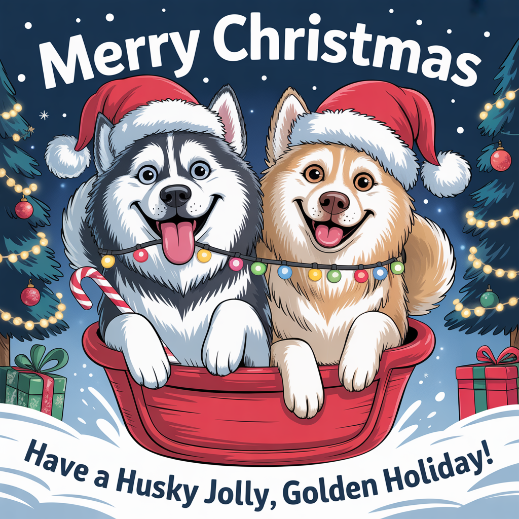Husky dog, Husky golden retriever mix dog, Santa hats, and Christmas Card