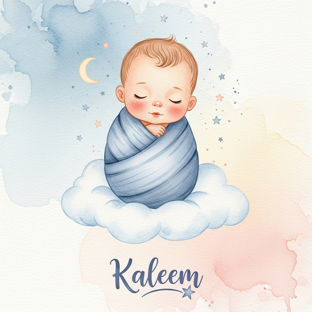 At the bottom of the Watercolor Style image, "Kaleem" in soft, flowing hand-lettered watercolor script, centered beneath the baby.

Large, central subject: a cute sleeping cartoon baby wrapped snugly in a powder-blue muslin swaddle, eyes closed, rosy cheeks, tiny lashes, and a faint smile. The baby is nestled on a fluffy watercolor cloud, with a light sprinkle of tiny stars and a delicate crescent moon in muted gold and pale blue softly around. Background: airy wet-on-wet wash from misty sky blue to warm ivory, with delicate gradients, subtle pigment blooms, and the natural texture of cold-press watercolor paper visible. Style: translucent layers, soft edges, no harsh outlines, dreamy and tender mood. Palette: baby blues, creamy whites, blush pinks, hints of muted gold. Lighting: gentle, diffuse glow with warm highlights on the cheeks. Composition: portrait orientation, generous negative space around the baby for an uncluttered look, full-bleed watercolor aesthetic. The name lettering "Kaleem" should have slight paint pooling and feathered edges, a soft indigo-blue tone to complement the swaddle, and a tiny watercolor star as a flourish; no other text.
Generated with these themes: .
Made with ❤️ by AI.