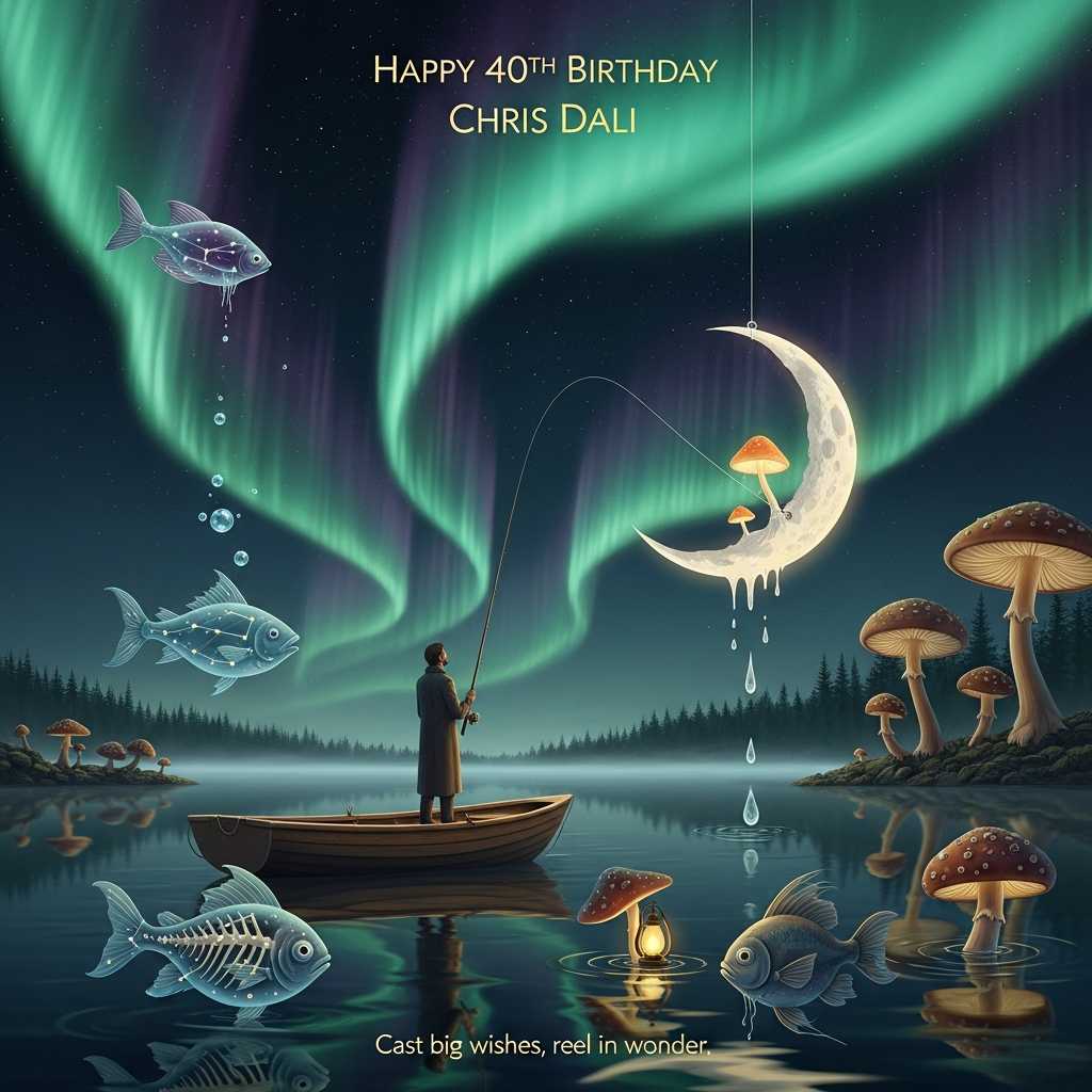 At the top of the Surreal Style image, Happy 40th Birthday Chris

Dali-inspired dreamlike surrealism: a serene aurora-night over a mirror-still lake, Northern Lights cascading like painted ribbons of emerald, amethyst, and moonlit cyan across a velvet starfield. Center frame, a small wooden rowboat floats, seen from a low waterline angle in a tall portrait composition. A contemplative man in a long coat stands balanced in the boat, holding a vintage fishing rod. The line arcs impossibly upward through the aurora and hooks a glowing toadstool sprouting from the crater of a low-hanging crescent moon; the moon’s edge softly melts, silver drops falling and turning into tiny bioluminescent mushrooms as they touch the water. Strange fish drift both beneath and above the surface: translucent skyfish with constellations for bones, gentle fish with mushroom-cap fins and clock-soft tails, one with a lantern eye, all calm and curious. The far shore is a grove of towering mushrooms like trees, stems bending like warm wax, caps dusted with starlight; spores drift like slow snow. Ethereal lighting, soft rimglow around the man and boat, delicate mist, serene and sincere mood. Rich yet gentle palette: aurora greens, violet, indigo, pearl silver highlights; high detail, painterly textures, elongated surreal shadows, melting forms.

Typography: the top text set in elegant hand-painted serif, moonlit white with a faint aurora glow, subtly woven into the ribboning lights without overpowering the scene.

At the bottom, in small warm-silver script, add: Cast big wishes, reel in wonder.
Generated with these themes: Northern lights, man fishing mushroom from the moon, strange fish, mushrooms, and .
Made with ❤️ by AI.