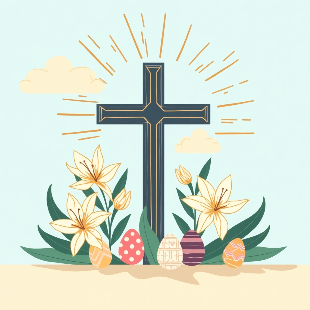 The front cover of the Easter greeting card features a clean and modern vector style, incorporating flat shapes and crisp lines with a religious Easter theme. The scene is composed of several distinct elements, all of which are intricately detailed yet simple in design.

**Central Element:**
At the center of the card is a large, stylized cross, depicted in a geometric form with sharp, clean edges. The cross is adorned with intricate linear patterns reminiscent of Patrick Seymour's style, featuring fine lines and subtle symmetrical designs in gold and white, lending it an elegant yet bold presence.

**Background:**
The background consists of a soft pastel gradient transitioning from a gentle sky blue at the top to a light sandy beige at the bottom, suggesting a serene dawn setting. Subtle cloud shapes in a slightly darker blue, outlined in white, float near the top, providing a soft contrast.

**Floral and Decorative Elements:**
Surrounding the cross are abstract lilies and Easter lilies, with large, flat petals illustrated in a minimalist style. These flowers are rendered in soft whites and yellows with a touch of orange at their centers, outlined in thin black lines. Interspersed among the flowers are green leaves with angular, geometric shapes, adding a touch of natural vibrancy.

**Bottom Elements:**
At the base of the scene, a series of stylized Easter eggs rest. These eggs are decorated with bold patterns—stripes, zigzags, and dots—using a palette of pastel pinks, purples, and greens. The eggs are neatly arranged in a semi-circular formation, framing the lower part of the cross.

**Additional Details:**
To add a touch of sophistication, subtle gold lines emanate from the center of the cross, reminiscent of sun rays, expanding outward toward the card's edges, echoing the work of Malika Favre. These lines add a sense of divine illumination to the design.

**Text Element:**
Above the cross, in a clean, sans-serif font, is the phrase "He is Risen," presented in a deep navy blue that stands out against the soft background. The text is centered and slightly arched, following the curve of the clouds, balancing the composition.

This card's design draws inspiration from artists like Yulia Sokolova and Malika Favre, with an emphasis on clean lines and flat shapes, creating a modern yet reverent interpretation of Easter's religious significance.
Generated with these themes: Religious themed easter card.
Made with ❤️ by AI.