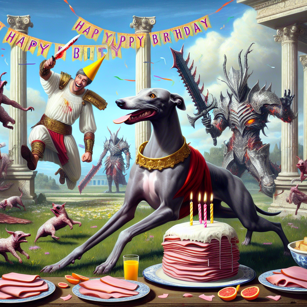 Create a humorously eclectic image capturing a birthday party with an Ancient Roman theme fused with elements from the fantasy video game, Bloodborne. The scene unfolds outdoors amidst a landscape of classical columns and ruins, festooned with birthday streamers. An Italian greyhound, outfitted with a miniature Roman cuirass, is chasing fantastical game-inspired creatures who, in a playful switch, are carrying slices of ham instead of their customary missives. In the midst of the chaos, a figure, garbed as a Roman senator and radiating joy, is caught in the act of dipping a piece of ham into ssamjang sauce.
Generated with these themes: Ancient Roman, Bloodborne, Ssamjang, Ham, and Italian greyhound.
Made with ❤️ by AI.