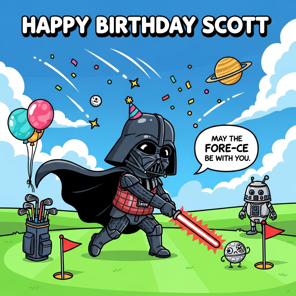 At the top of the Cartoon Style image, 'Happy Birthday Scott' in chunky bubble letters with a subtle sci‑fi glow and thick black outline.

Playful cartoon scene: Darth Vader on a bright, candy-colored golf course, rendered in bold Cartoon Style with exaggerated chibi proportions, thick outlines, and saturated colors. He’s mid-swing in a whimsical, energetic pose, cape billowing, tiny party hat perched on his helmet, and a plaid golf vest over his armor. He’s using a glowing red lightsaber as a golf club, sending a tiny “Death Star” golf ball (dimpled gray sphere with a cheeky trench) toward the cup. Motion lines, sparkles, and confetti arc through the sky; balloon-planets bob in the background; a cute droid caddy holds a bag of multicolored lightsaber clubs. Big cerulean sky with puffy stylized clouds, neon-green fairway, and a red flag by the hole. Include a comic speech bubble from Vader that reads: “May the FORE-ce be with you!” Bright, joyful palette, clean flat shading with pop highlights, thick black outlines, and a fun, dynamic composition.
Generated with these themes: Darth vader, golf, and .
Made with ❤️ by AI.