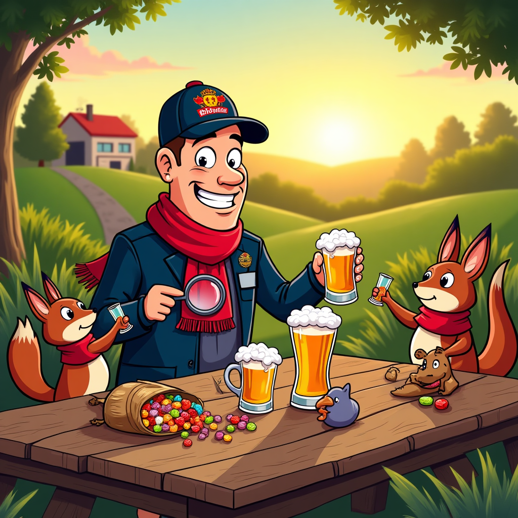 At the top of the Cartoon Style image, write in bold cheerful letters: **Happy Retirement Tom**  

A vibrant, playful cartoon scene showing a smiling fire investigator character with a big magnifying glass tucked under one arm, wearing a Nottingham Forest football scarf fluttering in the breeze. He’s sitting at an old wooden pub table in a sunny beer garden, with a frothy pint of beer in front of him and a giant open bag of Haribo sweets spilling colorful gummy bears and rings onto the table. Around him, friendly cartoon woodland animals (squirrels, foxes, birds) are gathered, also wearing tiny Nottingham Forest scarves, sharing sweets and raising miniature pint glasses in a toast. In the background, a warm glowing sunset over rolling green Nottinghamshire hills, with a small fire station silhouette far in the distance. At the bottom of the image, in a playful handwritten font: **“Time to hang up the helmet and raise a glass!”**
Generated with these themes: Fire investigator, Nottingham Forest, Beer, Haribo , and .
Made with ❤️ by AI.