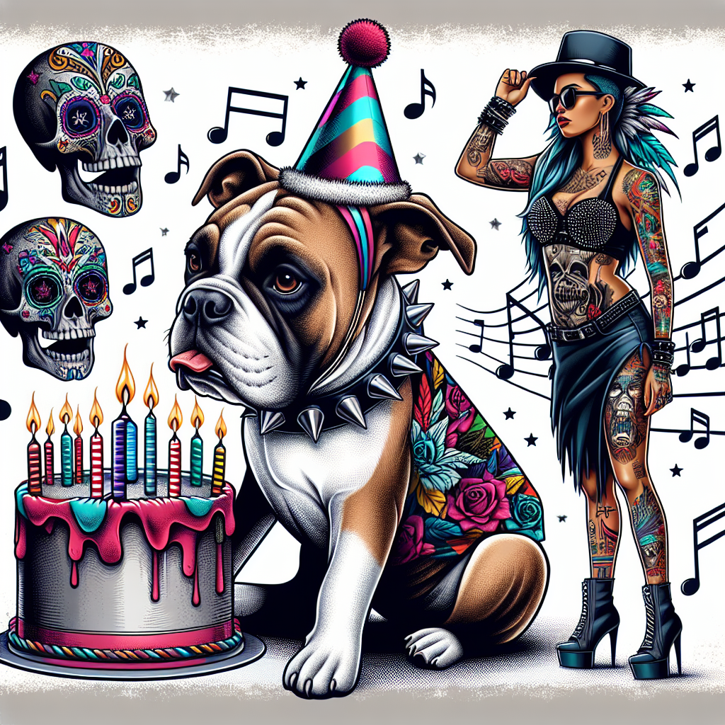 Create a unique birthday illustration showing a brown and white American bulldog dressed in colorful, edgy alternative clothing that gives off a punk rock vibe. The dog is enveloped by festive skulls wearing birthday hats. Also in the scene, there's a muscular woman of Latino descent sporting a tall and lean physique, she has an intricate, gothic-style tattoo on her arm that suggests her love for skeletal, quirky artwork. In the backdrop, visual representations of musical notes signifying rock music rounds up the air, contributing to the celebratory yet defiant ambiance.
Generated with these themes: Brown and white American bulldog , Alternative clothing, Strong woman, Skulls, Rock music , and Jack skellington.
Made with ❤️ by AI.