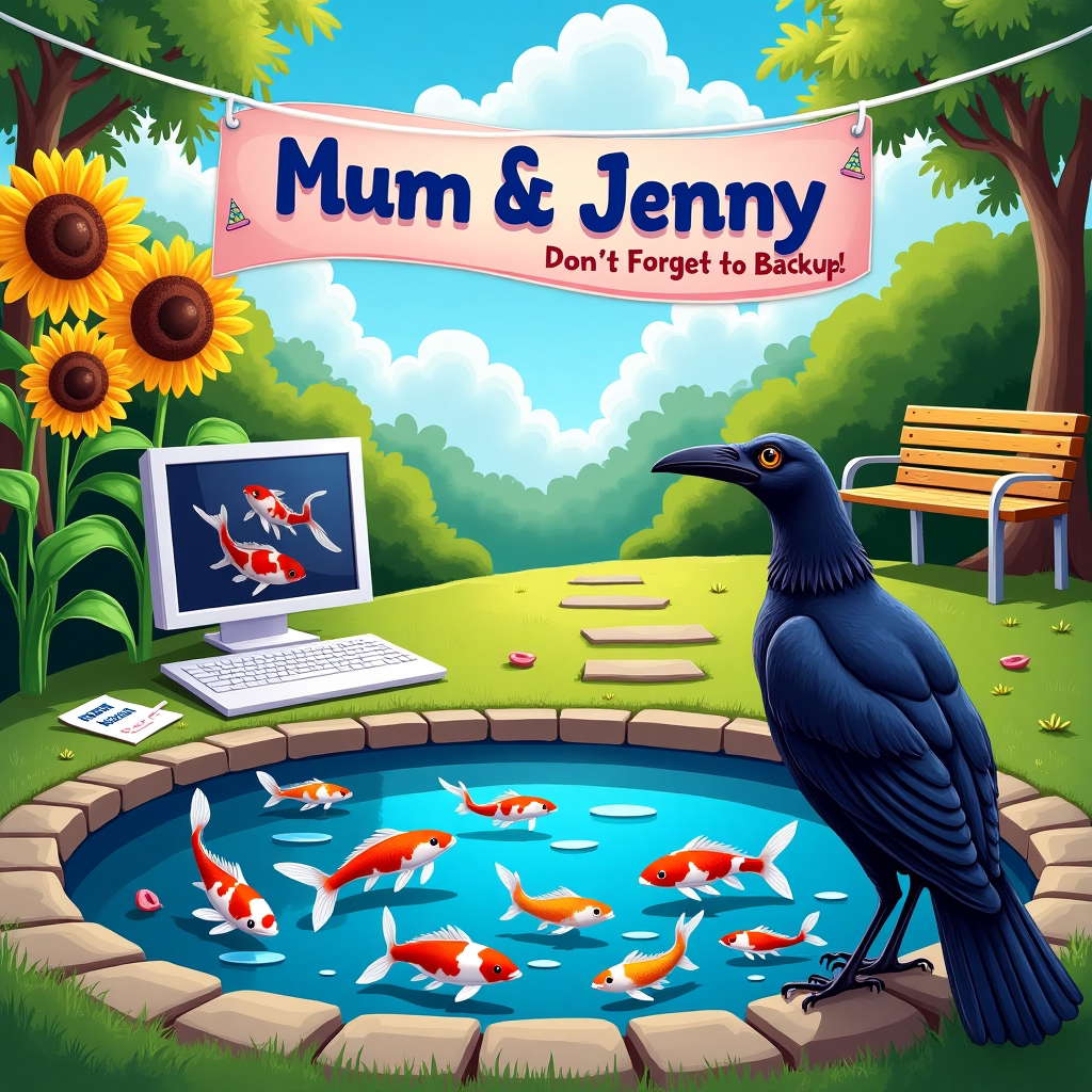 Raven at fishpond, new computer, slightly humourous Birthday Card