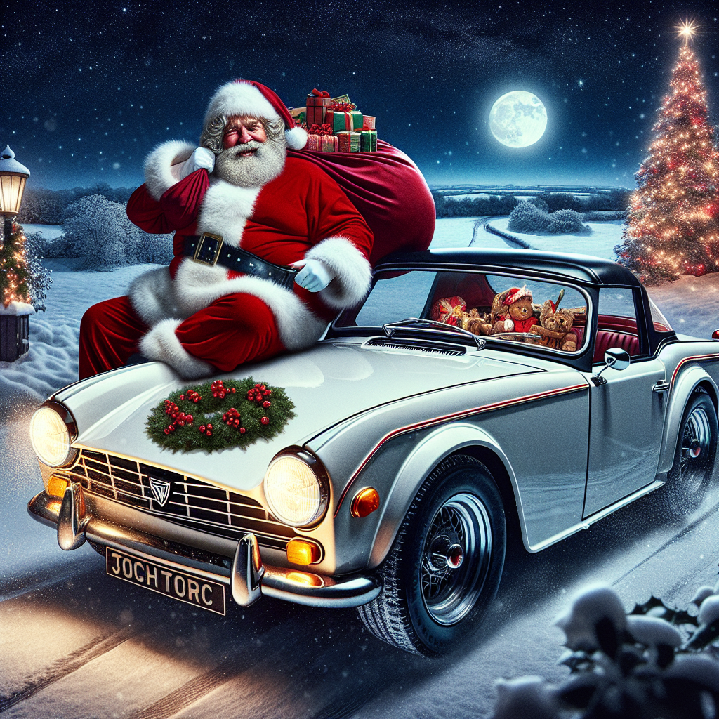 In this delightful Yuletide spectacle, a jovial, plump, white-bearded man dresses in red, iconic of the holiday season, swaps his usual sleigh for a classic British sports car; an immaculate white Triumph TR7 embellished with a wreath of holly. The auto resides on a snowy expanse, with the festive figure leaning onto it, an audible chuckle bursting out as his gaze reciprocates to a sack filled with vibrant presents piled in the back seat. Overhead, the nocturnal firmament twinkles with celestial bodies, and a radiant Christmas tree stands to the side, emanating a warm, festive luminescence to the frosty twilight.
Generated with these themes: Triumph TR7, and Santa Clause.
Made with ❤️ by AI.