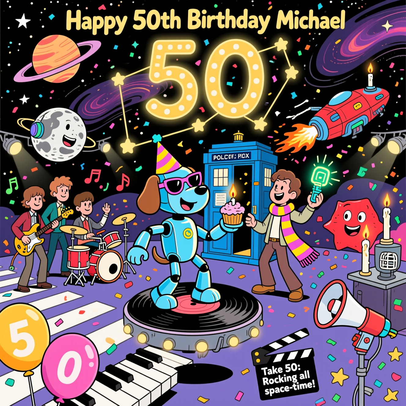 At the top of the Cartoon Style image, Happy 50th Birthday Michael

Playful, funny, high-energy cartoon in bright saturated colors with thick black outlines, portrait orientation. Outer space party scene: a star-sprinkled cosmic backdrop with nebula swirls, ringed planets, and a giant “50” constellation glowing. Center stage: K9 from Doctor Who as a shiny cartoon robot dog wearing a party hat and disco sunglasses, grooving atop a floating vinyl record. Beside him, a cheerful time-traveler in a long striped scarf brandishes a glowing sonic-looking gadget and offers a candle-lit cupcake; behind them, a blue police box time machine with confetti streaming from its open door. To the left, a cartoon Beatles-style mop-top quartet jam on a floating Abbey Road–style crosswalk that doubles as a piano keyboard, guitars and drumkit bouncing, musical notes swirling into space. To the right, the iconic Red Dwarf mining spaceship zips past with candle-flame thrusters puffing confetti, arcing toward a tiny smiling red dwarf star planet. Acting vibes everywhere: floating stage lights, a director’s megaphone, and a film clapper hovering near the bottom. Balloons shaped like a “5” and “0” bob around, plus cheeky details like a moon wearing headphones, a microphone on a stand, and star-shaped sprinkles drifting like glitter. Emphasize exaggerated proportions, big expressions, and whimsical, energetic poses.

At the bottom on a small film clapperboard, add one short cheeky line: “Take 50: Rocking all space-time!”
Generated with these themes: Dr who K9, Dr who, Red dwarf,Beatles,Music,space,Acting ,, and .
Made with ❤️ by AI.