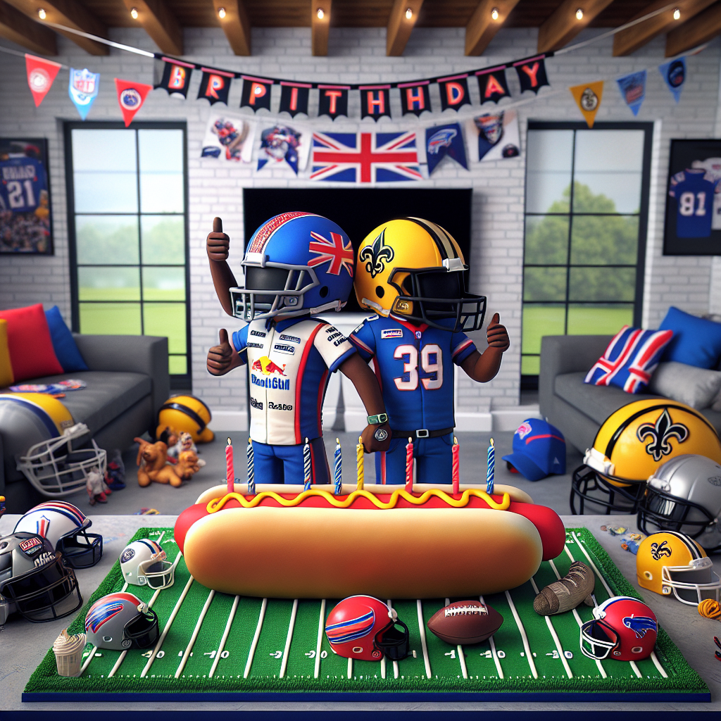 Envision a lighthearted and realistic birthday setting where the decorations are a bright fusion of Formula 1 and NFL love. In the center is a banner of a well-known British Formula 1 team, accompanied by a large helmet symbolizing a popular Buffalo-based NFL team, with additional adornments related to a well-loved New Orleans NFL team scattered about. The birthday cake is skillfully designed to resemble a hot dog stand from a famous sitcom, topped with small figurines of a popular British Formula 1 driver and a noted American football player standing back to back, offering a thumbs up. Guests are having a fun time wearing custom helmets and jerseys, while a TV is replaying some of the most memorable races and football matches.
Generated with these themes: F1, McLaren F1 team, Buffalo Bills, How I Met Your Mother, New Orleans Saints , Hot dogs, NFL, Lando Norris, and Josh Allen.
Made with ❤️ by AI.
