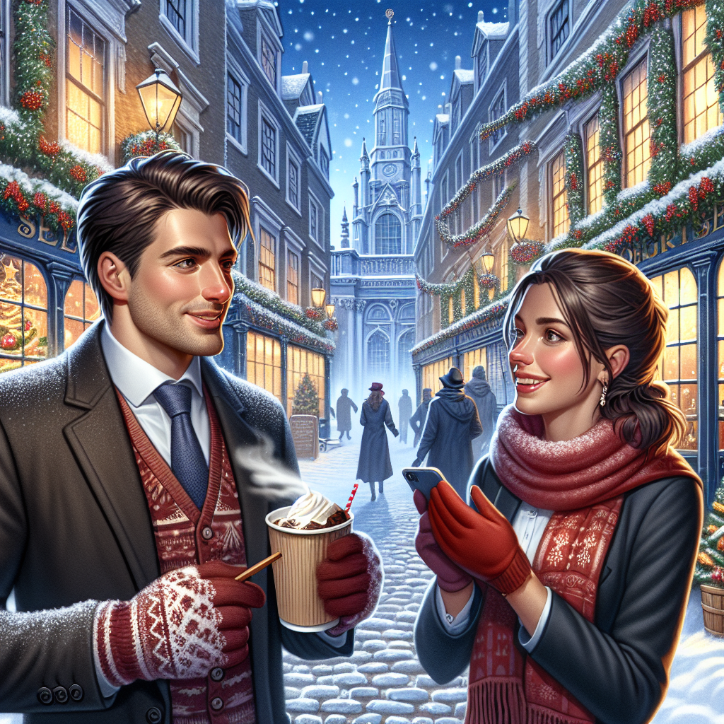 Snowy London, Male forex trader with white skin and short dark brown hair, and Female scientist with white skin and long brown hair Christmas Card