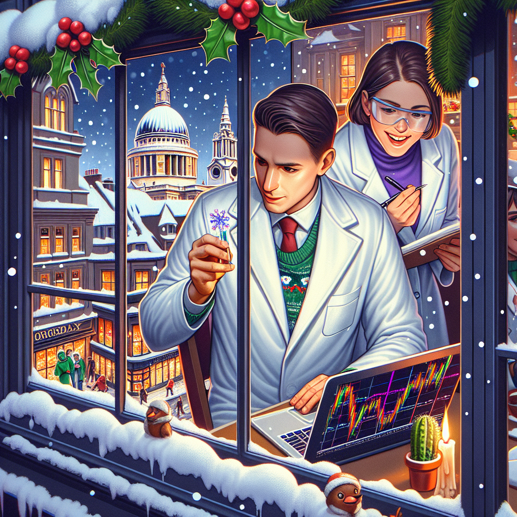 The illustration showcases a snowy London scene, full of holiday spirit, with snow-covered rooftops and streets. A male forex trader, with white skin and short dark brown hair, is seen in a cozy cafe window, his eyes keenly focused on a laptop displaying colorful graphs. Outside, a female scientist with white skin and long brown hair happily examines a snowflake under a magnifying glass, her lab coat adorned with a holly brooch.
Generated with these themes: Snowy London, Male forex trader with white skin and short dark brown hair, and Female scientist with white skin and long brown hair.
Made with ❤️ by AI.