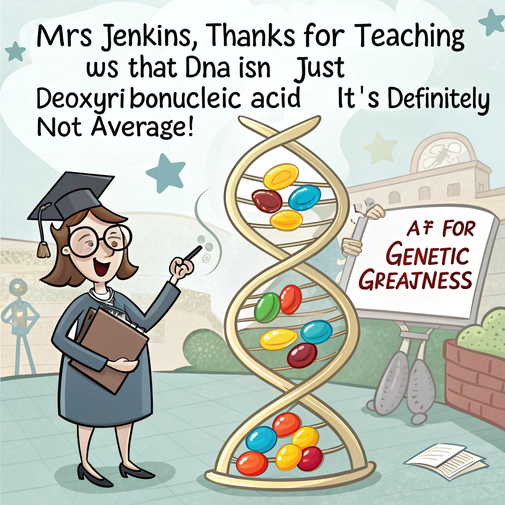 At the top of the image, "Mrs Jenkins, thanks for teaching us that DNA isn’t just deoxyribonucleic acid — it’s Definitely Not Average!"

- In the center of the image, illustrate a cartoon double helix made of silly string and jelly beans, wearing thick-rimmed glasses and holding a giant gold star.
- One side of the DNA strand is high-fiving a laughing cartoon cell, while a clipboard nearby reads “A+ for Genetic Greatness.”
- In the background, quirky cartoon students (with DNA-shaped hats) are cheering, one holding a banner that says “Thanks for keeping it in our genes!”
Generated with these themes: A-Level Biology, Genetics, DNA, and .
Made with ❤️ by AI.