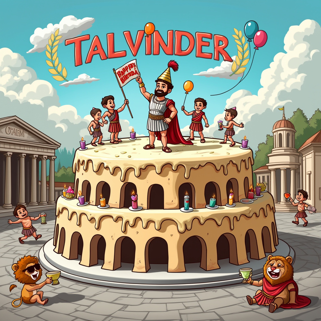 In the foreground of the cartoon scene, imagine a comically oversized birthday cake shaped like the Colosseum, complete with crumbling layers of sponge and creamy icing forming the arches and columns. Perched atop the cake is a miniature Julius Caesar wearing a party hat, waving a tiny flag that reads "Happy Birthday, Talvinder!" His expression is a mix of surprise and amusement as a group of cartoon Roman soldiers, dressed in their traditional armor but hilariously accessorized with bright, multicolored balloons tied to their spears, march around the cake in a celebratory parade.

To the left, a group of toga-clad party guests, complete with laurel wreaths, engage in a lively dance reminiscent of a Conga line, their sandals tapping rhythmically on the stone-paved streets of ancient Rome. One particularly cheeky toga wearer, holding a goblet of grape juice, is attempting to balance a slice of the colossal cake on his head, much to the amusement of a cartoon lion lounging nearby, wearing sunglasses and a toga draped casually over one shoulder.

In the background, the Roman skyline is whimsically transformed into a festive backdrop. The Pantheon dons a giant bow, while cartoon clouds above spell out "Talvinder" in fluffy, playful letters, drifting gently across a bright blue sky. A mischievous pair of cherubic cupids hover near the clouds, one carrying a scroll with the date, and the other pointing cheekily at the name, ensuring no one misses the special birthday message.

The scene is bordered by a decorative laurel wreath, emphasizing the Roman theme while adding an elegant frame to this hilarious and celebratory scene, all perfectly orchestrated to bring a smile to Talvinder's face on their special day.
Generated with these themes: Rome.
Made with ❤️ by AI.