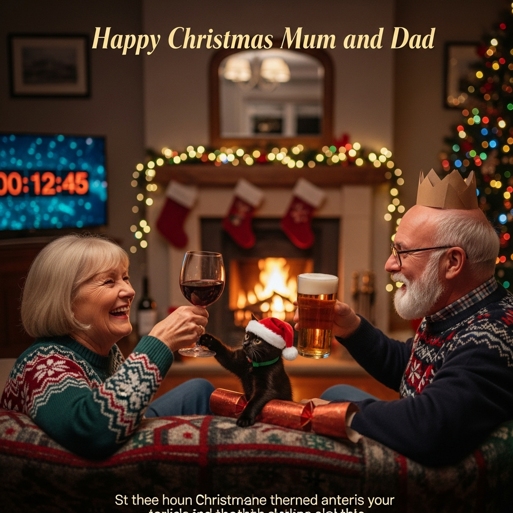 78 year old woman, blonde hair drinking red wine by a log fire with husband with white hair, bald on top, with glasses and beard. With their small black cat , Red wine, beer and countdown on telly, and Christmas Card