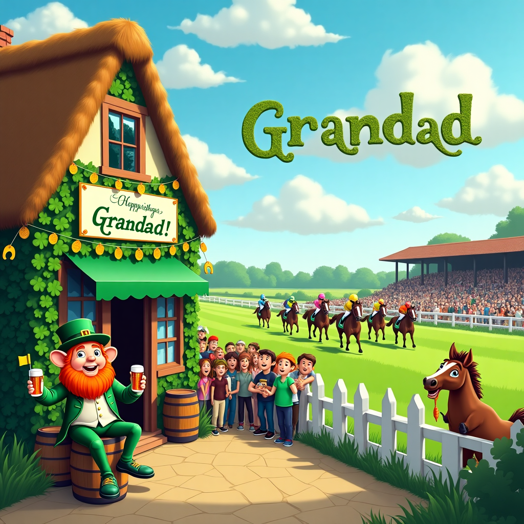 In this vibrant birthday scene, imagine a quaint, bustling Irish pub nestled on the edge of an expansive, lush green horse racing track. The pub's facade is adorned with ivy and shamrocks, with wooden barrels doubling as tables outside. Above the pub's door, a cheerful banner strung from the thatched roof reads "Happy Birthday, Grandad!" in a lively green script, with small golden horseshoes dangling from each end. On the racetrack, a race is in full swing with horses galloping furiously, their jockeys clad in vivid silks of emerald and gold. In the foreground, a jovial crowd gathers along the white picket fence, some holding pints of stout, others clutching betting slips, all intently watching the race. To the left, an enthusiastic leprechaun, with a bright orange beard and dressed in traditional green attire, is precariously balanced on a bar stool, waving a tiny Irish flag. Above, in the sky, fluffy clouds have whimsically arranged themselves to spell out "Grandad" as if the heavens are cheering him on. Near the racetrack's finish line, a mischievous horse, with a twinkle in its eye, holds a half-eaten carrot in its mouth, adding a playful touch to the lively celebration. The scene is bustling with elements of Irish charm and excitement, perfectly encapsulating a day of joyous birthday festivities.
Generated with these themes: pub, horse racing, irish.
Made with ❤️ by AI.