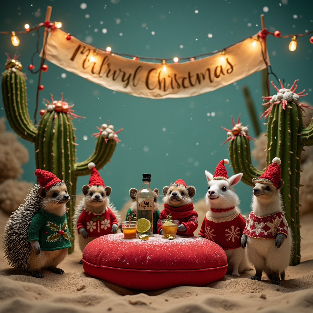 Hedgehogs, Llamas, Cactus, Tequila , and Christmas scene with Merry Christmas Paul & Debbie banner Christmas Card