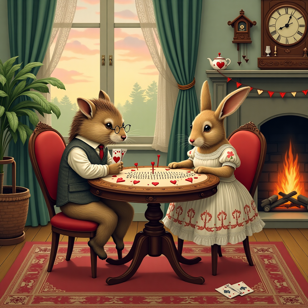 In the center of the card, illustrate a cozy, vintage living room setting reminiscent of a Norman Rockwell scene. The room is filled with details to enhance the scene. A rich, ornately patterned Persian rug covers the wooden floor. In the background, a roaring fireplace crackles, its mantel adorned with delicate porcelain knick-knacks and a garland of paper hearts draping down.

In the foreground, an old-fashioned, round, mahogany card table is set for a cribbage game. At the table, two whimsical anthropomorphic characters—a dapper hedgehog and an elegantly dressed rabbit—are engaged in a playful game of cribbage. The hedgehog wears a tweed vest with a pocket watch chain dangling and spectacles perched on its snout. The rabbit sports a floral dress with lace cuffs and a jaunty little hat tilted to one side. Their chairs are Victorian style, with plush, velvet upholstery.

The cribbage board on the table is intricately designed with delicate carvings of hearts and arrows along its edges, suggestive of a Valentine's theme. The wooden pegs are miniature Cupid arrows, brightly painted in red and gold. Scattered around the table are playing cards with illustrations of hearts, and on the table's surface, a whimsical, playful pun is inscribed: "You pegged my heart, Valentine!"

Surrounding the card table, a variety of Beatrix Potter-esque details create a rich tapestry of the scene. A large potted fern stands near the window, where lace curtains softly billow, filtering the golden afternoon sunlight. A quaint cuckoo clock, with little heart motifs on its pendulum, hangs on the wall, quietly ticking away. To the side, an antique tea trolley holds a porcelain teapot adorned with heart motifs, alongside two delicate china teacups.

In the background, a watercolor-esque Maxfield Parrish sky glows softly through the window, in shades of pastel pinks and purples, hinting at twilight. The whole scene is lovingly detailed with Edward Gorey-inspired lines and patterns, blending intricate Victorian charm with a dash of whimsy.

Overall, the card captures the playful essence of a romantic, vintage-themed cribbage game with a touch of charming humor, perfectly suited for a Valentine's Day greeting.
Generated with these themes: Cribbage game pun.
Made with ❤️ by AI.