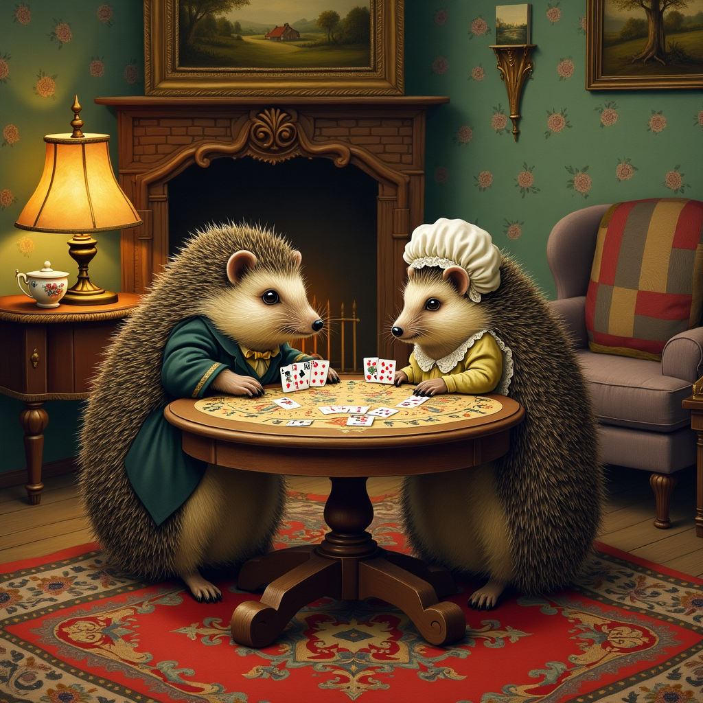 Front and center on the card, two adorable, anthropomorphic hedgehogs are seated across from each other at a vintage wooden table, intricately carved with swirls reminiscent of Arthur Rackham's style. The table is set in a cozy, dimly lit Victorian parlor, with soft light cast by an ornate, gold-burnished oil lamp with stained-glass panels. The hedgehogs are dressed in quaint Victorian attire, the left one sporting a tiny waistcoat and monocle, while the right one wears a delicate lace bonnet, evoking a Norman Rockwell-like charm.

The hedgehogs are engrossed in a cribbage game, with a beautifully detailed cribbage board between them, crafted to resemble a heart shape. Tiny cards featuring whimsical designs, in the style of Quentin Blake's expressive lines, are scattered across the table. The hedgehogs each hold a hand of cards, with the cards illustrating miniature Victorian motifs like teacups, roses, and top hats, their vibrant reds and deep greens contrasting against the warm wooden tones.

Surrounding the scene are elements of a traditional Victorian parlor, inspired by Beatrix Potter's attention to detail. A richly colored Persian rug with intricate patterns, similar to those found in Maxfield Parrish's works, lies beneath the table. On the walls, delicate wallpaper with an Aubrey Beardsley-inspired floral pattern provides an elegant backdrop.

In the background, a cozy brick fireplace, topped with an intricately carved wooden mantelpiece, casts a gentle glow across the room. Above the fireplace, a small oil painting of a scenic countryside, akin to the works of N.C. Wyeth, hangs in an ornate gold frame. A brass fender encircles the hearth, adding a touch of warmth and richness.

To the right of the scene, a plush armchair draped with a patchwork quilt sits invitingly, and a small side table holds an open book and a steaming cup of tea, evoking the domestic tranquility of Edward Gorey’s illustrations.

In whimsical hand-drawn lettering at the top of the card, the pun reads: "You're the Perfect Peg to My Heart!" The lettering, in swirling cursive, integrates seamlessly with the detailed scene, capturing the playful yet timeless nature of this Valentine's Day greeting.
Generated with these themes: Cribbage game pun.
Made with ❤️ by AI.