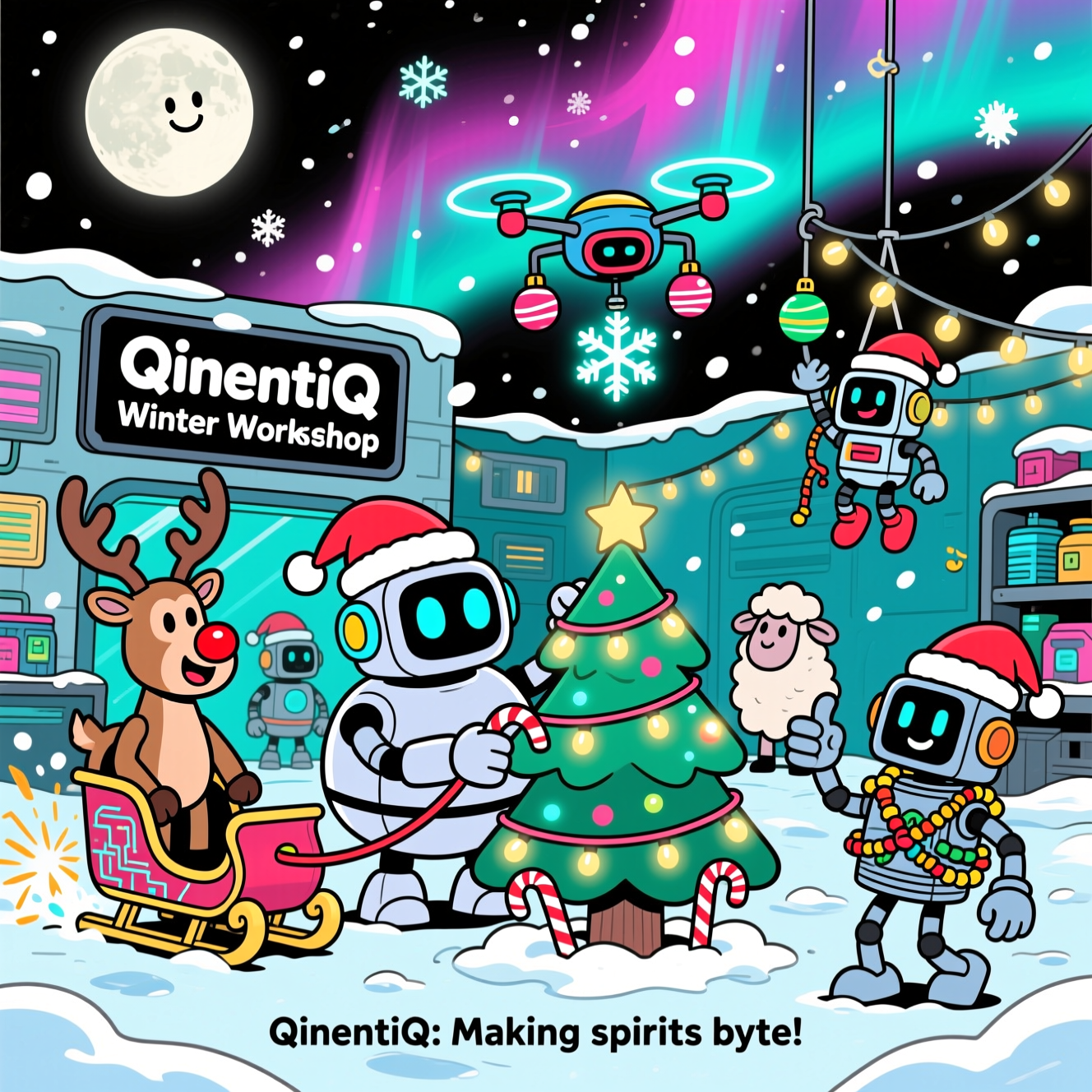 At the top of the Cartoon Style image, Merry Christmas!

A bright, funny cartoon scene with thick black outlines, exaggerated proportions, and saturated holiday colors. In a snowy futuristic workshop marked by a friendly sign reading “QinentiQ Winter Workshop,” a squad of cheerful round-and-boxy robots in Santa hats bustle about. Center: a chubby robot with saucer eyes proudly finishes a snow-bot shaped like a Christmas tree, festooned with glowing LED lights and candy-cane cables. Left: a reindeer-bot with bolt-on antlers and a blinking red nose pulls a rocket sleigh shaped like a circuit board, spraying sparkly snow. Right: a tin-can helper robot tangled in tinsel and fairy lights gives a sheepish thumbs-up while another robot dangles upside-down from string lights, grinning. Above, a quadcopter elf-drone drops shiny ornaments; holographic snowflakes drift under a teal-magenta aurora and a big friendly moon. Add a small, cheeky caption near the bottom: “QinentiQ: Making spirits byte!” Overall mood: playful, energetic, whimsical. Composition: large image filling the frame; characters in lively, dynamic poses; clean, bold shapes; minimal shading; no realistic textures; bright highlights and cozy glows.
Generated with these themes: QinentiQ , Robots, and .
Made with ❤️ by AI.