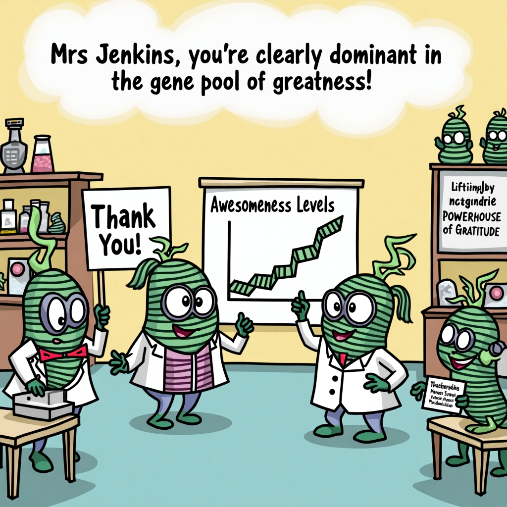 **Prompt:**

At the top of the illustration image, *"Mrs Jenkins, you're clearly dominant in the gene pool of greatness!"*

An illustration of a laboratory full of animated, goofy-looking genes wearing lab coats and holding "Thank You!" signs, microscopes with smiley faces, and a double helix dancing with jazz hands. One gene (with glasses and a clipboard) is pointing proudly to a chart labeled "Awesomeness Levels" with Mrs Jenkins' name peaking off the top. A few base pairs are tangled up trying to spell “Thank You!” and a mitochondrion is lifting weights in the background labeled “Powerhouse of Gratitude.” All elements are illustrated in a colorful, playful, cartoonish style.
Generated with these themes: Genetics.
Made with ❤️ by AI.