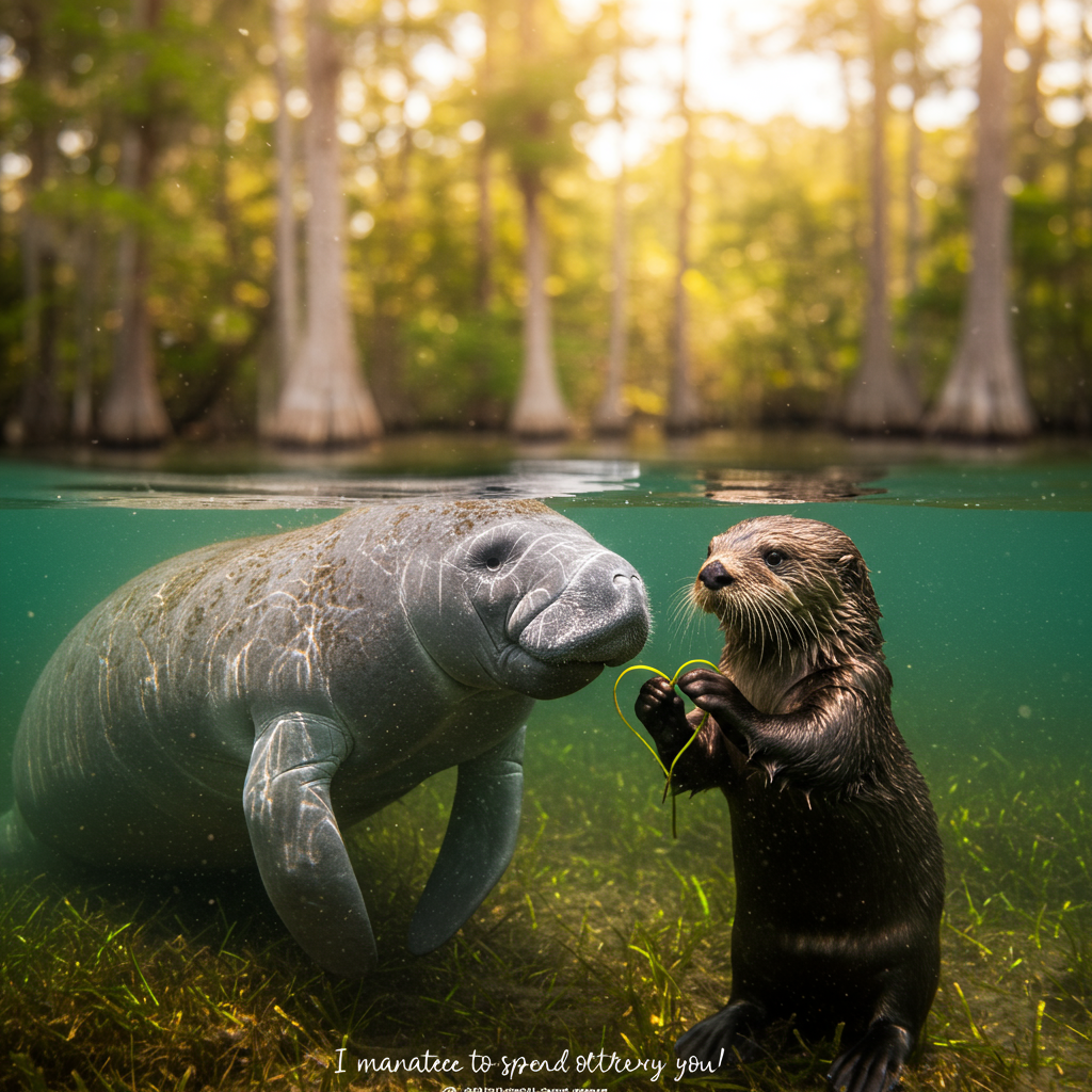 Photorealistic 4K UHD wildlife photo, cute mood, true-to-life textures and lighting. A half-submerged over/under split shot at golden hour in a crystal-clear Florida spring: a gentle Florida manatee rises near the surface, whiskered muzzle and pebbled gray skin catching sunlit caustics; beside it, a North American river otter treads water with wet, glossy fur, bright curious eyes, and delicate whiskers. The otter holds a small heart-shaped loop of eelgrass between its paws, offering it toward the manatee as they lean close nose-to-nose. Below the surface: rippling eelgrass, sandy spring bottom, soft suspended particles glowing in light beams; above the surface: blurred cypress and warm sky bokeh. Composition in portrait orientation with a touch of negative space near the bottom; tack-sharp focus on their eyes and the eelgrass heart, gentle background falloff, natural color palette. Technical feel: full-frame wide-angle with dome port, 24mm, f/5.6, 1/500s, ISO 400, high dynamic range, subtle vignette, no flash, no humans or gear visible. Add small, hand-lettered caption near the bottom in soft warm white with a faint shadow for legibility (not covering the animals): “I manatee to spend otter-nity with you.”
Generated with these themes: Otter, Manatee, and .
Made with ❤️ by AI.