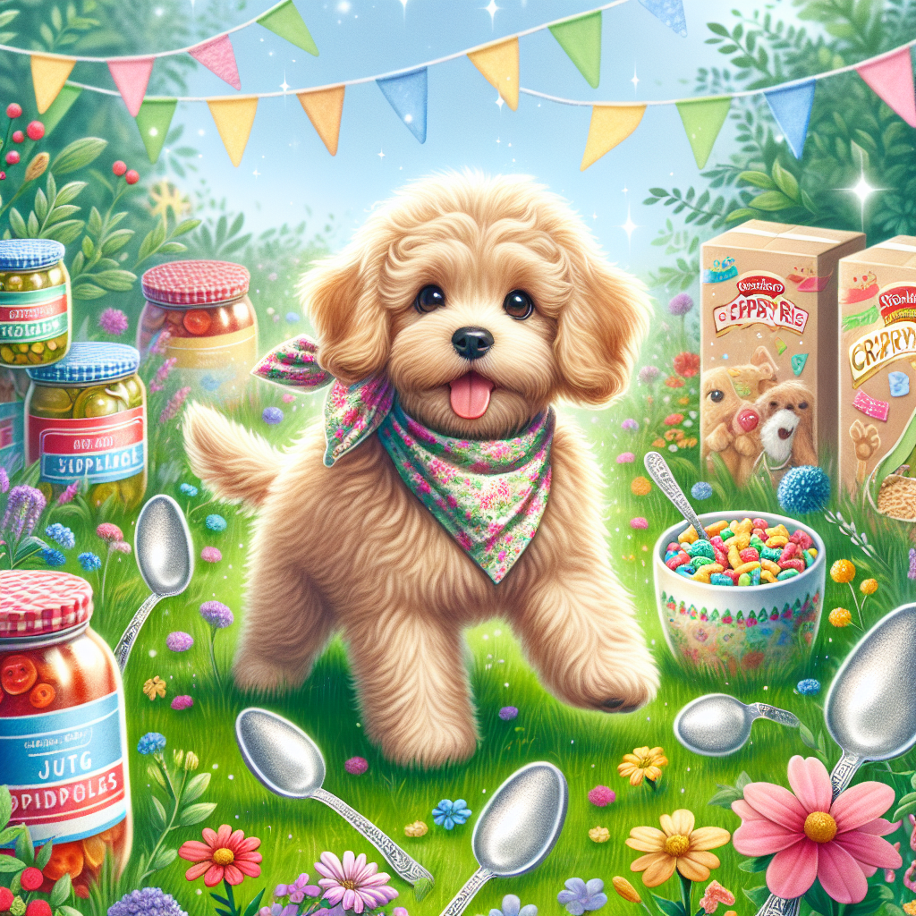 Beige cockapoo, Laura Ashley, Jars of pickles, Rice crispy cereal, Silver spoon, and Garden with flowers Birthday Card