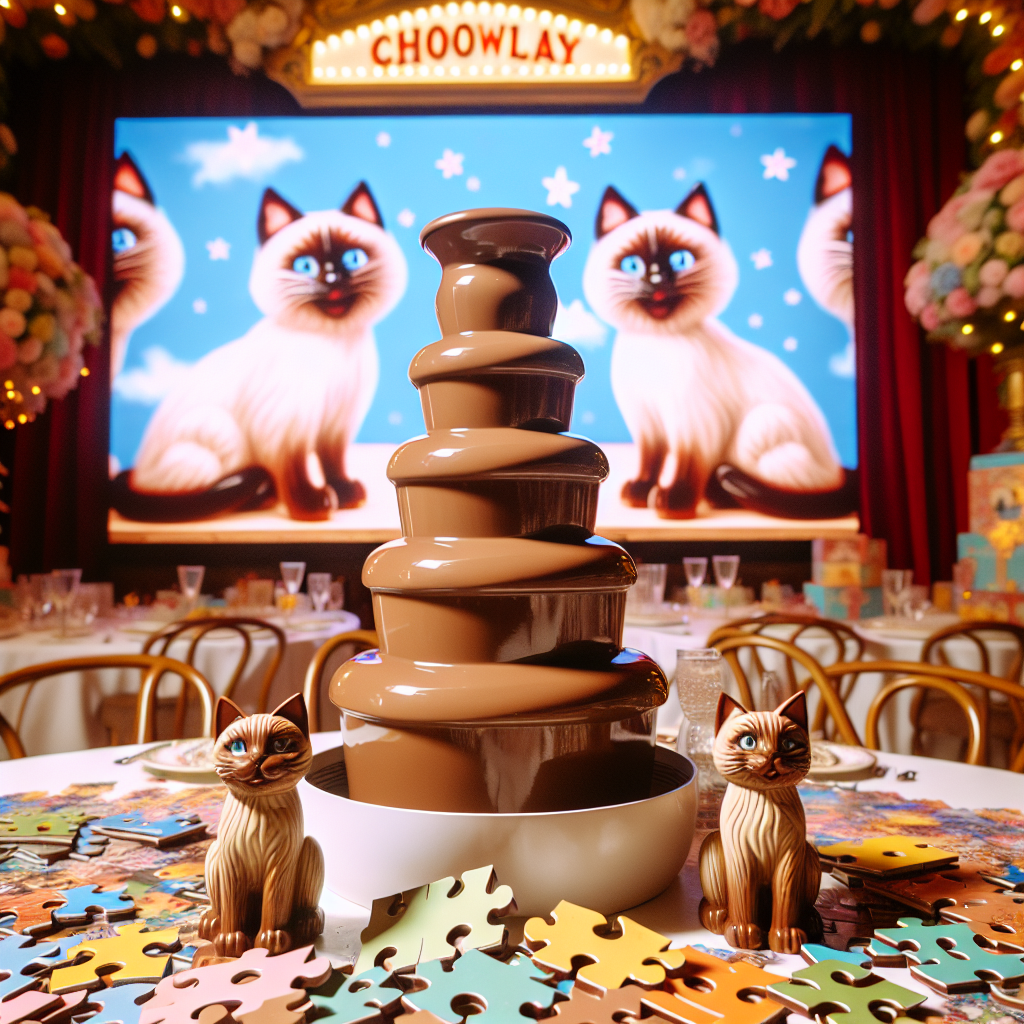 Picture an enchanting birthday celebration imbued with a realistic yet whimsical charm. The central attraction of the scene is a flowing milk chocolate fountain. Around it, there are playful chocolate figures sculpted to resemble Siamese cats, adding an exciting touch for the attendees. Scattered across the festive table, you will see complex jigsaw puzzles serving the dual purpose of intriguing party favors. Further enhancing the atmosphere is a large screen in the backdrop, playing a repetitive sequence of classic quiz shows, infusing the setting with a nostalgic and engaging vibe.
Generated with these themes: Chocolates, Quiz shows, Jigsaws, and Siamese cat.
Made with ❤️ by AI.
