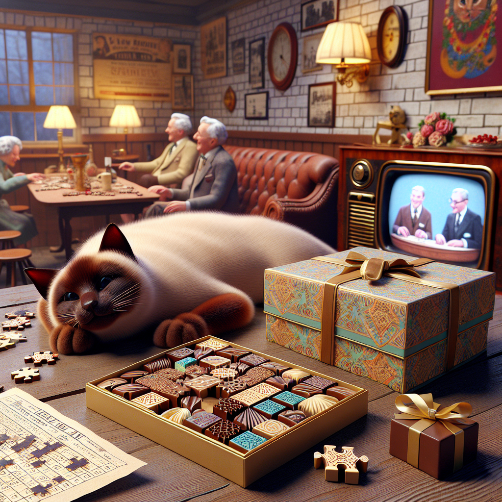 Render an image of a quaint and realistic birthday party setting. The scene is made lively by a comfortable Siamese cat lying near a collection of intricately designed handmade chocolates, embodying the playful essence of the occasion. A nearby table hosts a jigsaw puzzle competition, the sound of shared laughter elevating as puzzle pieces find their rightful locations. In the ambient background, a vintage quiz show plays on an old-fashioned TV set, enhancing the celebration with a light-hearted contest of intelligence.
Generated with these themes: Chocolates, Quiz shows, Jigsaws, and Siamese cat.
Made with ❤️ by AI.