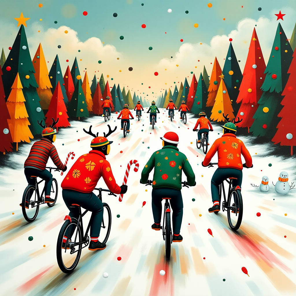 In this whimsical and abstract Christmas greeting card scene, imagine a vibrant, snowy landscape composed of Mondrian-esque geometric blocks in festive reds, greens, and golds, punctuated by splashes of Pollock-inspired splatters of white and blue to mimic a playful winter snowstorm. At the center of the scene, a lively group of cyclists, humorously clad in colorful Christmas sweaters and reindeer antler helmets, pedal furiously on bicycles whose wheels are inspired by Rothko's layered rectangles, giving them an ethereal, almost transparent appearance. Each cyclist is holding a large candy cane instead of handlebars, adding a humorous twist. The path they travel on winds in a de Kooning-style ribbon of swirling colors, weaving through a Miro-inspired forest of surreal, abstract Christmas trees adorned with blinking lights and baubles resembling Malevich's suprematist shapes. Above this bustling winter tableau, the sky is an abstract blend of soft pastels, where Cy Twombly's scribbles form whimsical clouds. The name "Cycling group" is creatively integrated into this scene, appearing as if spelled out by twinkling stars across the sky, their letters playfully wobbly and slightly skewed, casting a gentle glow over the entire scene. To add a final touch of holiday cheer, small, semi-transparent snowmen with Richter's blurred texture dance alongside the cyclists, their carrot noses humorously elongated like Martin's gentle lines.
Generated with these themes: Group of cyclists in the winter.
Made with ❤️ by AI.