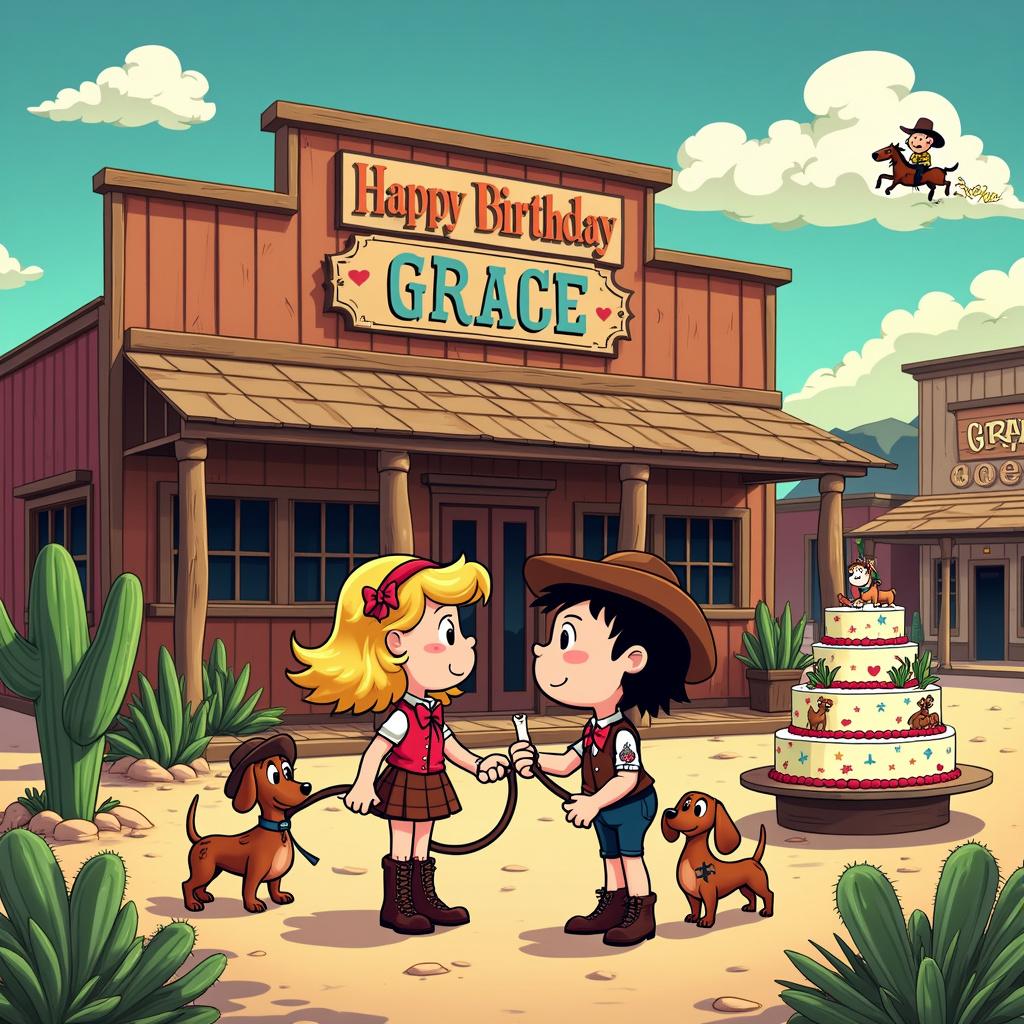 In a vibrant Wild West town reminiscent of classic animations by Charles Schulz and early Walt Disney, the scene comes alive. At the heart of it all is a bustling saloon featuring wooden swinging doors and a colorful sign that announces, "Happy Birthday Grace!" Two sisters stand proudly in front of the saloon: one blonde and the other brunette, both dressed as cheerful cowgirls complete with cowboy hats, boots, and bandanas. The blonde sister showcases a sleeve of tattoos adorned with whimsical designs including cute hearts, stars, and charming little Dachshunds, while her sister twirls a lasso, flashing a playful grin.

To the left, two adorable Dachshunds engage in an amusing tug-of-war over a bone, one sporting a miniature cowboy hat and the other wearing a tiny sheriff's badge. The sky shines bright and clear, with fluffy clouds floating above; one cloud whimsically forms the letters "G-R-A-C-E," as if etched by the playful wind. In the background, a garden of animated cacti characters adds to the humor of the scene, each sporting their own quirky tattoos like anchors, skulls, and roses that nod to the vibe of R. Crumb's underground comix.

Near the saloon, a towering birthday cake sits on a table, its multiple tiers adorned with tiny cowboy figures and fondant Dachshunds, boasting the same heartfelt birthday wish written elegantly across the top. On the far right, a comical cowboy rides a bucking bronco, his exaggerated expressions capturing the essence of Gary Larson's comedic style. The entire tableau is framed in a dynamic comic strip aesthetic, bursting with vibrant colors and bold lines that evoke the joyous spirit of Bill Watterson's beloved "Calvin and Hobbes." 

**Summary**: This lively scene features blonde and brunette sisters, playful Dachshunds, whimsical cowboys, expressive tattoos, and a sense of humor throughout.  
Generated with these themes: Blonde and brunette sisters, Dachshunds, Cowboys, Tattoos, and Funny.  
Made with ❤️ by AI.