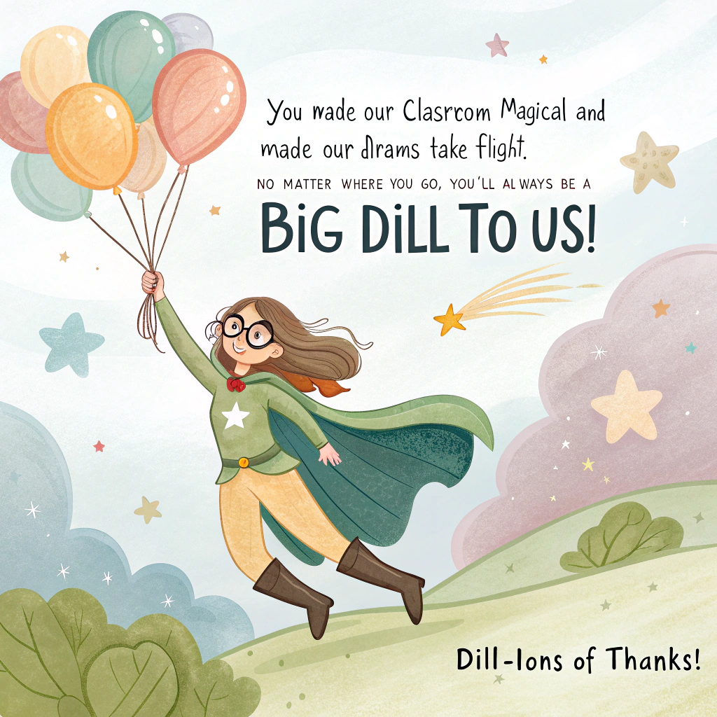 Pickle, Female Superhero, Holding 30 balloons, and Thank-you Card