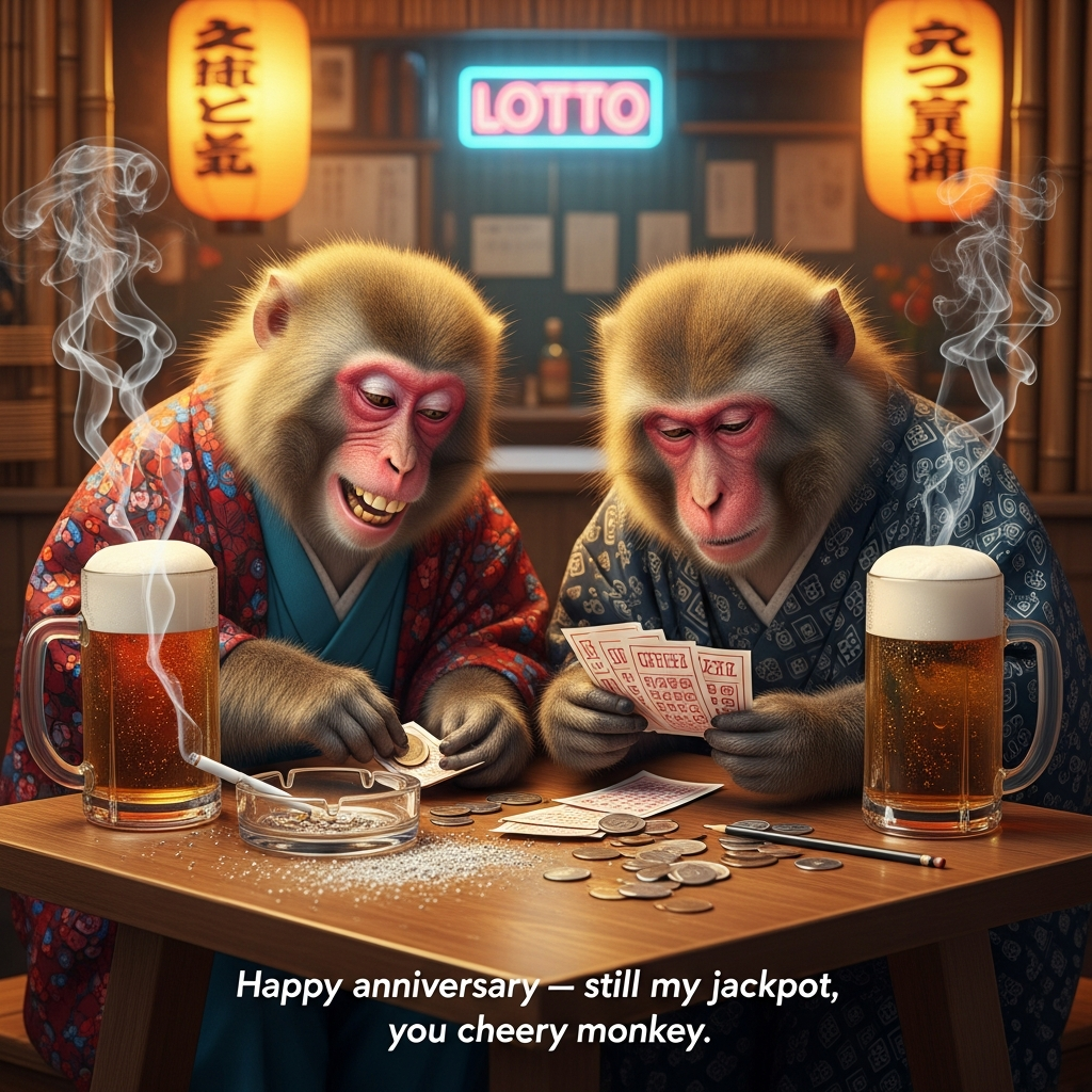 Macaque monkeys wearing kimonos playing the lottery, Cigarette, Beer, and Anniversary Card
