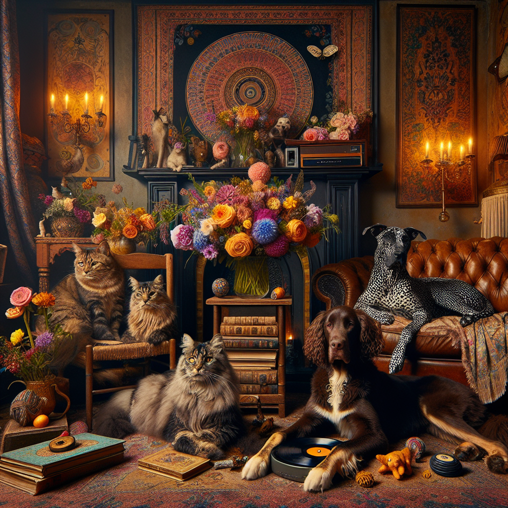 Envision a transformative setting – a living room bathed in subdued, golden illumination setting an enchanting stage for a Mother's Day celebration sans the mother herself. At the room's center are two regal cats - a brown, striped tabby purring tranquilly beside a vibrant bouquet of fresh blooms, and a sophisticated grey Maine Coon reclining atop a heap of antiquated books. In their vicinity, a spirited Dalmatian dog is sprawled out exuding an aura of sheer delight, adjacent to a record player softly playing classic melodies. A chocolate-brown curly-haired dog lounges nearby, savoring a chew toy fashioned like a record. The walls ornamented by Bohemian tapestries infuse an unrestrained, hippie ethos into this festive occasion.
Generated with these themes: Brown tabby cat, Grey maine coon cat, Dalmatian dog, Dark brown curly dog, Flowers, Books, Records, and Hippe.
Made with ❤️ by AI.