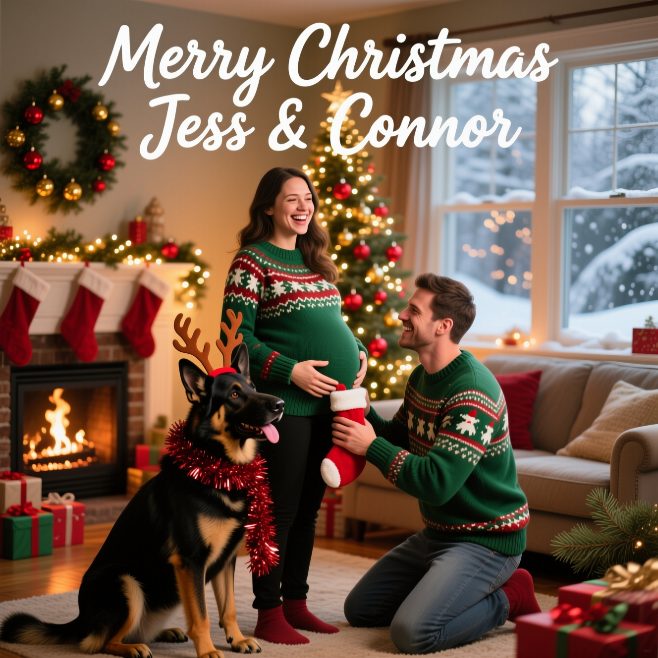At the top of the Photorealistic picture taken from a camera image, Merry Christmas Jess & Connor

Ultra-high-definition 4K UHD photorealistic scene captured on a full-frame DSLR, 50mm lens, f/2.8, ISO 200, 1/125s; accurate lighting, lifelike textures, and rich depth of field with warm, creamy bokeh. Cozy, festive living room at Christmas: a sparkling tree with warm fairy lights and red-gold ornaments, stockings by a crackling fireplace, wrapped gifts, and a window showing soft snowfall outside.

Foreground: A visibly pregnant woman in a festive knit sweater stands laughing with her partner in matching holiday jumper. Their German Shepherd dog (classic black-and-tan, alert ears) wears goofy reindeer antlers and a loose tinsel “scarf,” gently resting its head against her baby bump with tongue slightly out, playful and protective. The partner kneels, holding a tiny red stocking near the bump; the dog eyes it mischievously, adding a funny, candid vibe. Rich fur detail, natural skin tones, real fabric texture; subtle pine needles and ribbon fibers visible.

Composition and mood: Rule-of-thirds framing at eye level, tack-sharp subjects with softly blurred background; warm, inviting color grade (deep greens, rich reds, soft golds); authentic shadows and highlights from tree lights and window glow, capturing a genuine, joyful, slightly cheeky holiday moment.

Top text styling: the line “Merry Christmas Jess & Connor” in warm white hand-lettered script with a soft drop shadow for readability over the lights.

At the bottom of the Photorealistic picture taken from a camera image, Santa Paws on Bump Patrol
Generated with these themes: Pregnant women , Partner , Germany shepherd dog, and .
Made with ❤️ by AI.