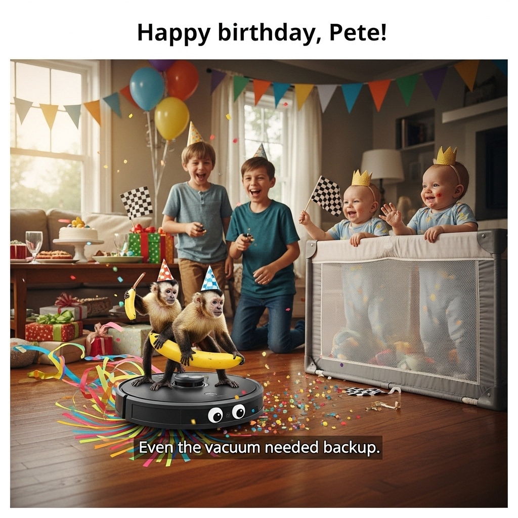 Robot vacuum, Monkeys , 2 boys, 2 babies, and Birthday Card