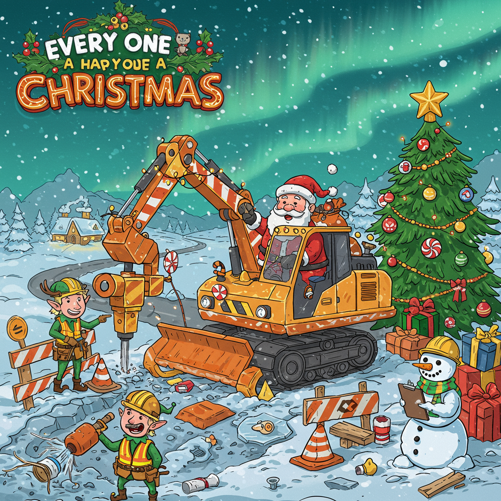 At the top of the Cartoon Style image, withing every one a happy Christmas from district 09 design

A funny, playful Cartoon Style winter worksite at the North Pole, packed with personality: thick black outlines, exaggerated proportions, and bright, saturated reds, greens, golds, and snowy blues. Santa Claus, rosy and grinning, pilots a candy-cane red sleigh that’s been converted into cheerful construction equipment—a sleigh–excavator hybrid with candy cane hydraulic arms, jingle-bell rivets, and twinkling string lights wrapped around the boom. Reindeer in tiny hi-vis vests and jingling hard hats help steady a dangling gift with safety ropes.

Construction elves bustle everywhere: chubby-cheeked, bell-tipped hard hats, striped hi-vis vests, tool belts stuffed with peppermint wrenches and marshmallow mallets. One elf jackhammers a patch of ice with a gingerbread-colored jackhammer that sprays sparkly snow; another directs “traffic” with a peppermint lollipop paddle; another measures a stack of presents like lumber. Road work details are delightfully festive: candy-cane traffic cones, gingerbread barricades iced with “hardware,” and snow-packed trenches shaped like gift ribbons.

A jolly snowman foreman stands front-left, wearing a mini hard hat and scarf, holding a clipboard made of frosted cookie. To the right, a big, twinkly Christmas tree decorated with baubles and blinking hazard-lights, topped with a glowing star. Piles of colorful gift boxes are arranged like building materials. Background: a winding snowy road, cozy village silhouettes, gentle snowfall and a turquoise twilight sky with a faint aurora. Energetic cartoon motion swooshes and sparkles emphasize action and humor.

Include one small, cheeky text gag inside the scene on a roadside sign: Sleighway under construction—expect jolly delays!

Render the top line in bold, playful, candy-cane-striped hand-lettering with a chunky outline and a soft snowy glow so it pops against the sky. Bright, glossy highlights, soft blue shadows in the snow, and high-contrast, feel-good lighting. Wide-angle composition with characters large in the frame; overall mood: whimsical, warm, and hilariously festive.
Generated with these themes: Road work, Construction elves , Santa Claus , Charismas tree, Snow man, Santa's slay as construction equipment, and .
Made with ❤️ by AI.