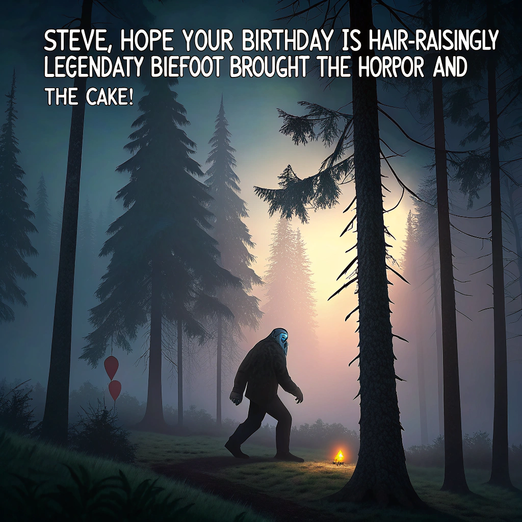 At the top of the image, "Steve, hope your birthday is hair-raisingly legendary — Bigfoot brought the horror and the cake!"

- Illustrate a surreal scene set deep in a foggy forest at twilight. Towering pine trees loom with eerie shadows stretching long across a mossy ground.  
- In the center, Bigfoot emerges dramatically from behind a tree — not menacing, but wildly festive — wearing a slasher-movie-style hockey mask, except it's made of birthday balloons.  
- He holds a gnarled tree branch like a candlelit birthday cake platter, with the cake wobbling ominously and topped with dripping wax figures of screaming campers instead of candles.  
- In the background, squirrels pop popcorn over a tiny campfire and a raccoon is filming the whole thing with an old camcorder like it’s a found footage flick.  
- Party streamers made of cobwebs float above, tangled between trees like decorations at a spooky birthday bash.  
- A shadowy moon grins down from the sky like a horror movie villain who also really loves birthdays.
Generated with these themes: Happy birthday , Bigfoot , Outdoors, and Horror movies.
Made with ❤️ by AI.