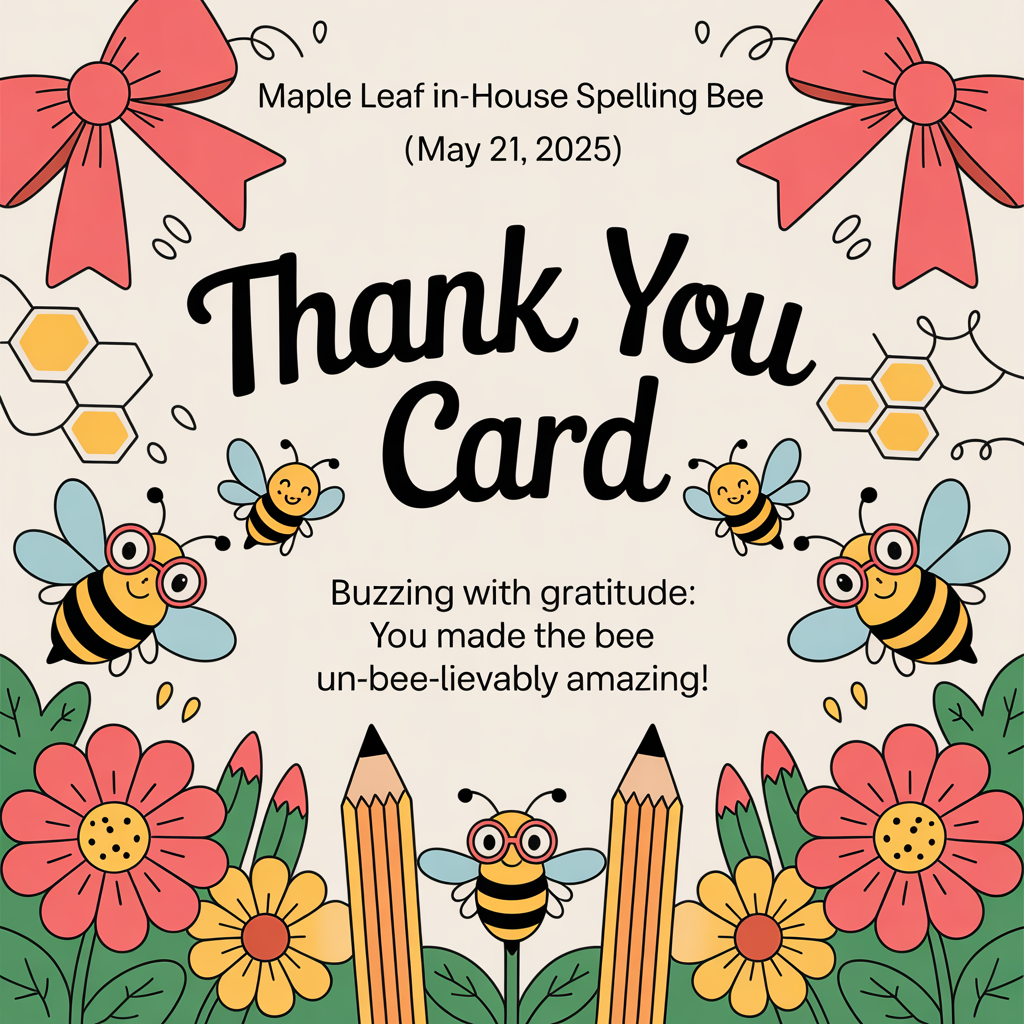 At the top of the image, "🐝 Thank You Card: Maple Leaf In-House Spelling Bee 🐝 (May 21, 2025)":

At the bottom of the image, "Buzzing with Gratitude: You Made the Bee Un-BEE-lievably Amazing!"

- Illustrate a delightful vector-style scene filled with cheerful bows, vibrant flowers, and charming spelling bee motifs like buzzing bees with glasses and pencils, all working together to create a joyful and sincere atmosphere. 
- Add a touch of whimsy with honeycombs subtly incorporated in the background design.
Generated with these themes: I need a card with bows, flowers and spelling bee images as decoration on a crad with these words:🐝 Thank You Card: Maple Leaf In-House Spelling Bee 🐝 (May 21, 2025)  Front: A heartfelt THANK YOU!  Inside:  To our amazing Spelling Bee participants, teachers, and staff,  Thank you for making our Maple Leaf In-House Spelling Bee on May 21st such a bright and buzzing success! ✨  To every student who braved the stage – your courage and hard work inspired us all! To every teacher and staff member who helped, cheered, or guided – your support made this event unforgettable.  We’re so proud of our spellers and grateful for our Maple Leaf family. Together, you spelled SUCCESS!  With warmest thanks, The Spelling Bee Team Maple Leaf School Tianjin, and .
Made with ❤️ by AI.