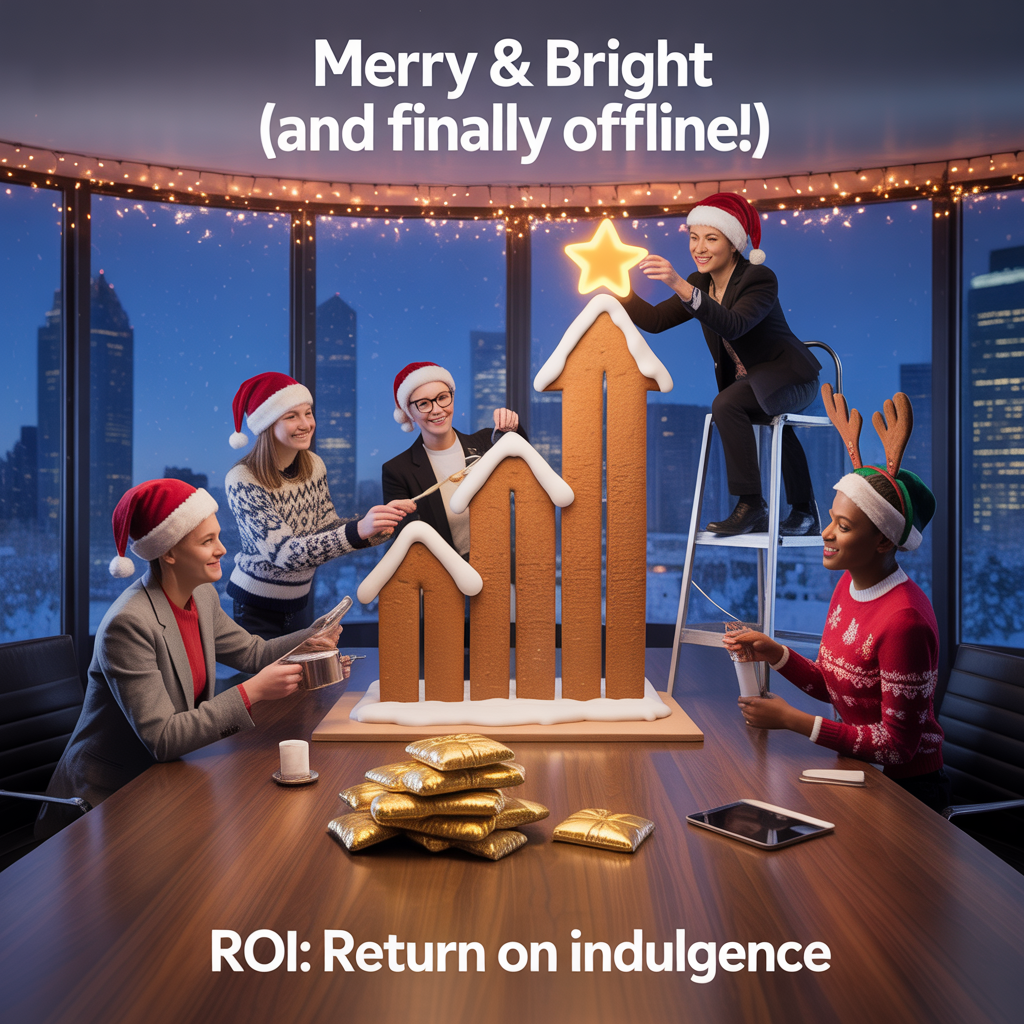 At the top of the Photorealistic picture taken from a camera image, "Merry & Bright (and Finally Offline!)"

At the bottom of the image, "ROI: Return On Indulgence"

Ultra-high-definition 4K UHD, photorealistic, real camera aesthetic. Modern glass-walled boardroom at night transformed into a festive workshop. Through the windows, a snowy city skyline glows with blue hour light; inside, warm tungsten office lighting and twinkling fairy lights create soft golden bokeh. A diverse team of five consultants in smart-casual holiday attire (blazers over quirky sweaters, Santa hats, reindeer antlers) collaborates around a polished walnut conference table.

Centerpiece: a towering gingerbread “growth chart” shaped like an upward arrow, frosted and dusted with powdered-sugar “snow.” One teammate on a safe step places a glowing star at the tip while others steady the base and pass icing bags, showing true teamwork. On the table: stacks of gold-foil chocolate coins arranged into a crisp bar chart; a mince pie “pie chart” with a neat slice removed; a brass balance scale gently weighing a red bauble against a thick ledger; a candy cane “trend line” draped over a small cedar desk tree. Closed laptops are tied with tinsel and bows, smartphones face down under sprigs of holly to reinforce “offline.” Mugs of hot cocoa steam in the foreground. Sticky notes in green and gold form a Christmas tree on the glass wall, topped with a paperclip star. Outside, the faint silhouette of Santa’s sleigh crosses the snowy skyline.

Camera: full-frame look, 35mm lens at f/2 for shallow depth of field; eye-level, slightly off-center for a candid, documentary feel. Lifelike textures pop—knit weaves, sugar crystals, polished wood grain, glass reflections, and soft snow outside. Accurate lighting, natural skin tones, rich depth of field with creamy bokeh. Clean negative space above the team reserved for the headline; a subtle vignette and table reflection give contrast for the bottom punch line.

Text styling: headline large, crisp white, bold sans-serif with a soft gold glow and gentle drop shadow over the blurred skyline; punch line smaller with a tasteful gold-foil effect centered near the bottom over the dark wood. Funny, clever mood celebrating finance, business consulting, and teamwork with festive charm.
Generated with these themes: Finance, Business Consulting, Teamwork, and .
Made with ❤️ by AI.