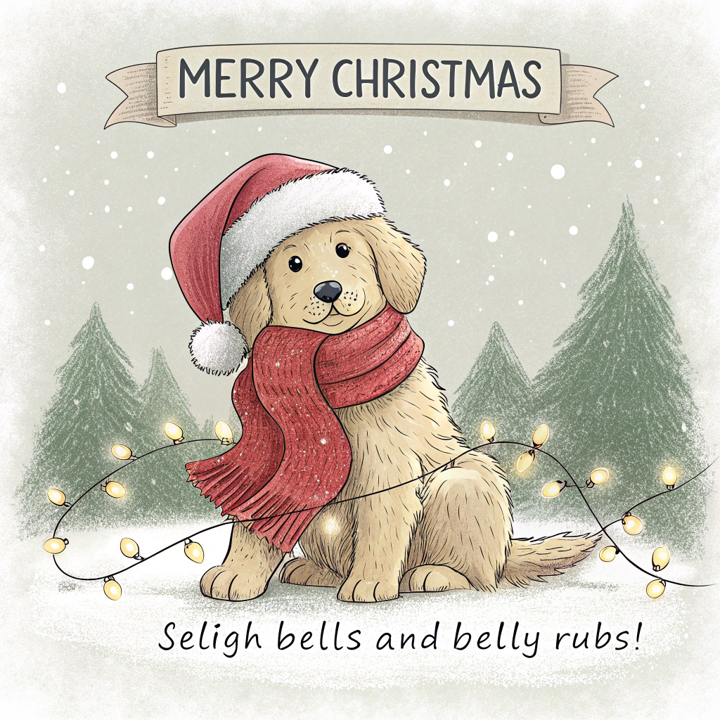 At the top of the Illustration Style image, "Merry Christmas "

At the bottom of the image, "Sleigh bells and belly rubs!"

Hand-drawn, cute Christmas illustration with fine linework and textured brush strokes. Center the scene on an adorable, floppy-eared dog (golden retriever puppy) sitting in fresh snow, wearing an oversized Santa hat and a chunky red knit scarf. A string of softly glowing fairy lights wraps loosely around its belly, casting a warm golden glow on the fur. The pup looks up toward the headline with big, sparkly eyes and a tiny puff of winter breath visible. Gentle snowfall drifts across a soft, watercolor-wash background; evergreen branches with a few red ornaments frame the top corners, leaving generous negative space for the text. A small wooden sled and a bone-shaped gift, tied with plaid ribbon, sit by the dog’s paws, with a playful trail of pawprints in the snow.

Make the headline large and the hero element, in hand-lettered, brushy script—rich cardinal red with subtle snow-kissed caps and a warm gold shimmer; the punch-line at the bottom in deep forest green, slightly curved to hug the composition. Balanced layout with the dog scaled just under the text so the words steal the show. Warm, expressive color palette: cranberry reds, evergreen greens, buttery golds, and soft icy blues in the shadows. Soft paper grain texture, delicate cross-hatching in the fur, and a cozy, twinkly atmosphere.
Generated with these themes: Dog, and .
Made with ❤️ by AI.