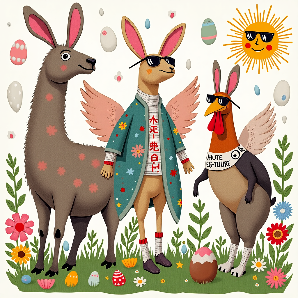 At the top of the illustration image, “Everyone, Hop It Like It’s Hot – Happy Easter!”

An illustrated collage-style scene featuring an over-the-top Easter parade of animals, all wearing outrageous DIY bunny costumes made from recycled magazine clippings, fabric scraps, and googly eyes. A llama struts in stilettos with bunny ears made from sock puppets. A chicken rocks a “Haute Egg-ture” sash, and a confused cat in paper wings attempts to lay a chocolate egg. Background filled with glittery cut-out Easter eggs, funky pastel florals, and a sun wearing aviator shades. Whole image bursting with chaotic, crafty Easter madness.
Generated with these themes: Collage.
Made with ❤️ by AI.