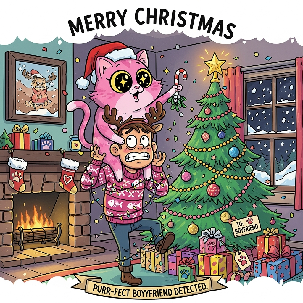 Pink cat , Boyfriend , and Christmas Card