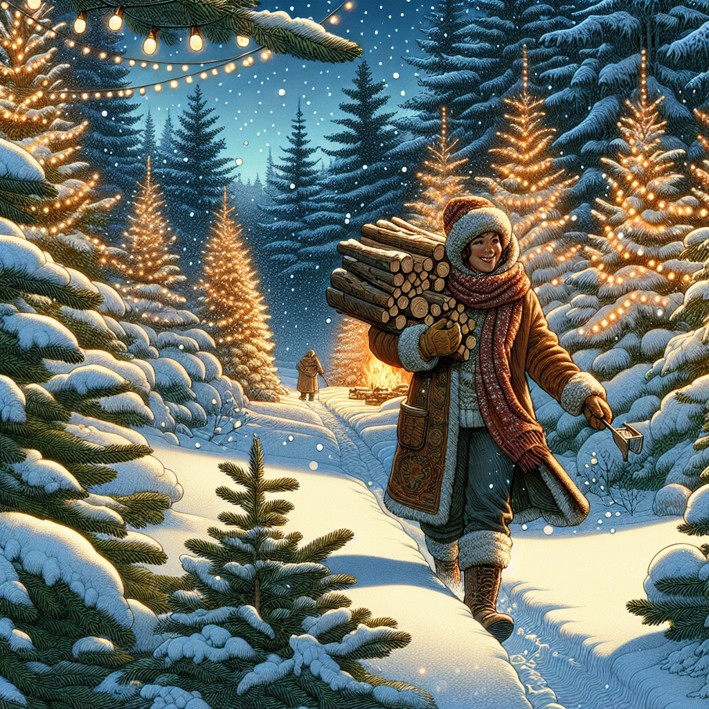 Illustration of a joyful Christmas moment where someone is carrying firewood through a beautiful snowy forest, with lights twinkling on the trees around.
Generated with these interests: Firewood, Trees, and Snow.
Made with ❤️ by AI.