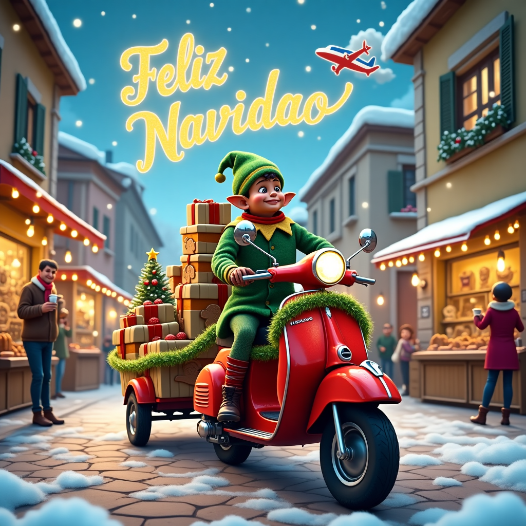 In a whimsical and bustling Christmas street market set in a quaint Italian village, an eye-catching scene unfolds. Snow gently dusts the cobblestones, adding a touch of magic to the surroundings. Front and center, a vibrant red Vespa is festooned with a garland of twinkling fairy lights. On the Vespa’s seat, a mischievous elf wearing a green velvet hat and matching outfit is holding a stack of oversized, colorfully wrapped gifts, precariously balancing them as if about to embark on a jolly delivery. Tied to the back of the Vespa, a small trailer, fashioned like a sleigh, overflows with even more gifts and a towering Christmas tree adorned with ornaments and tinsel. Behind the Vespa, a bakery stall has a special display: cookies shaped like little Vespas and gingerbread men wearing helmets. Above the bustling scene, a plane with a trailing banner spells out "Feliz Navidad" in skywriting, the letters formed by fluffy white clouds. This festive touch makes the name stand out brilliantly against the crisp blue winter sky. All around, market stalls brimming with holiday treats, colorful scarves, and shiny baubles create an inviting backdrop, while happy villagers clad in cozy winter attire bustle about, mugs of hot cocoa in hand, completing this delightful Christmas scene.
Generated with these themes: Vespa.
Made with ❤️ by AI.