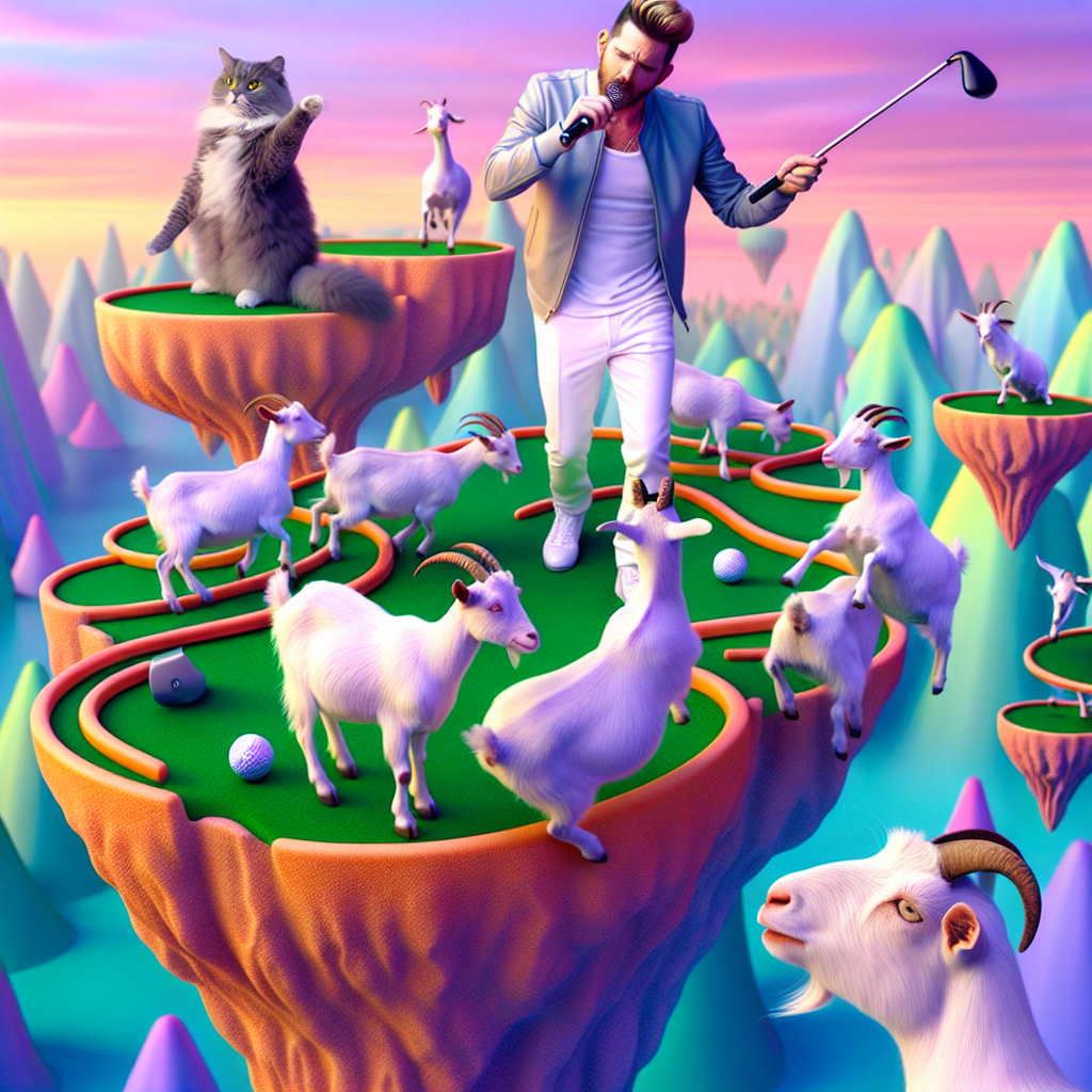 In a landscape bathed in the melting colors of pastel hues, a charismatic pop singer, with a resemblance to a world-renowned artist, serenades a group of frolicsome goats with whimsical tunes. The goats bounce around on a fantastical structure made of mini-golf courses stacked spirally, having the air of an impossible architectural feat. A ginger and white furred cat is captured taking a comical swing at a golf ball, adding a dash of humor to the spectacle. Simultaneously, a grey cat, brandishing a party blower, sits atop a bizarre, gravity-defying cake that assumes the shape of a celebratory goat, the whole scene encapsulating the essence of a Surreal Cartoon birthday theme.
Generated with these themes: Ginger and white cat, Grey cat, Taylor swift, Goats, and Mini golf.
Made with ❤️ by AI.