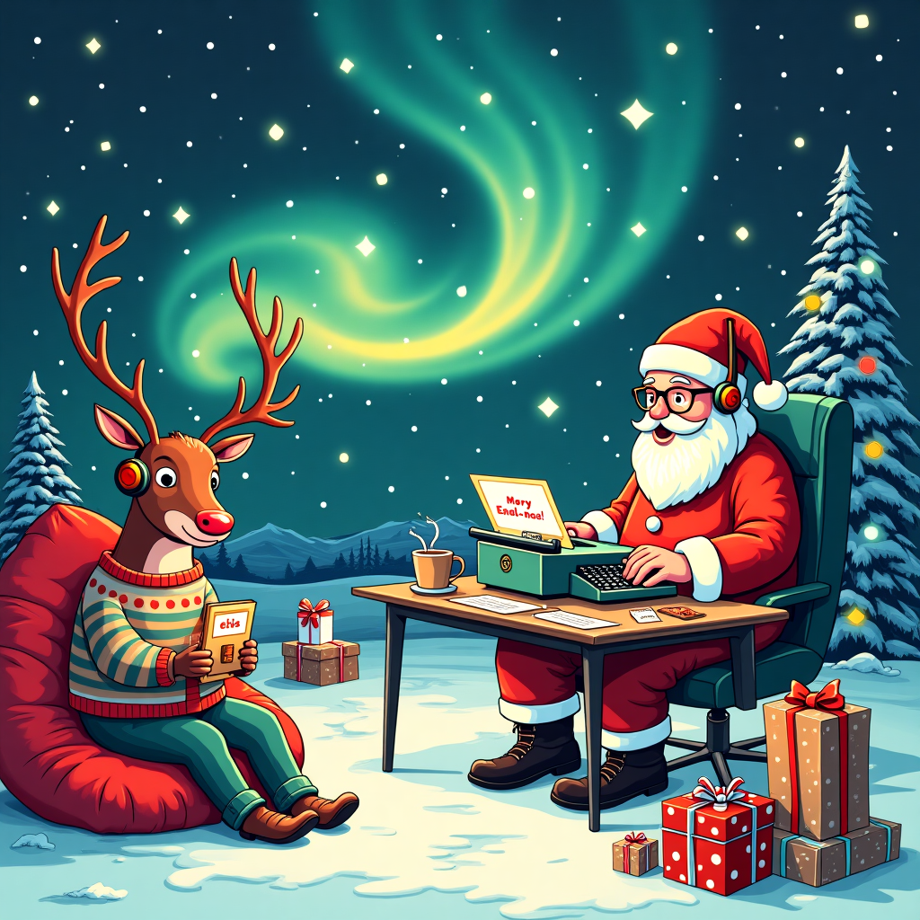 In this whimsical Christmas card scene, imagine a quirky, fantastical version of Santa's workshop set on the edge of the Northern Lights. Santa is not your traditional jolly old man, but a hipster Santa sporting a bright red beanie and a stylish pair of retro spectacles, leaning slightly over his vintage typewriter. Instead of the typical sleigh, he is typing out emails on a holographic screen that projects above the typewriter, ready to send out digital greetings across the globe.

The workshop is bustling with activity; elves with oversized colorful headphones are operating sleek, modern machines that wrap gifts in shimmering holographic paper, while a conveyor belt snakes through the workshop, carrying perfectly wrapped presents. Each present is adorned with a tag that reads, “Merry Email-mas!” in bold, quirky font. The walls of the workshop are adorned with vibrant geometric patterns reminiscent of Matt W. Moore's style, adding a modern twist to the classic setting.

In one corner, a reindeer with a hip, graffiti-style sweater lounges on a bean bag, sipping a latte with a little red nose peeking over the cup. Above the scene, the night sky is a vibrant canvas of swirling Aurora Borealis colors, depicted with sharp, contrasting lines and minimalistic elements inspired by Malika Favre. Snowflakes drift down in pixelated patterns, giving a nod to digital communication, each flake unique like the digital codes they represent.

The foreground of the scene features a stack of tablets displaying happy families opening virtual presents, a nod to the theme of celebrating Christmas through digital connections. The rich palette of colors, intricate linework, and playful incorporation of modern technology alongside traditional Christmas elements make this card a unique and engaging story for the digital age.
Generated with these themes: create a xmas card with santa for email.
Made with ❤️ by AI.