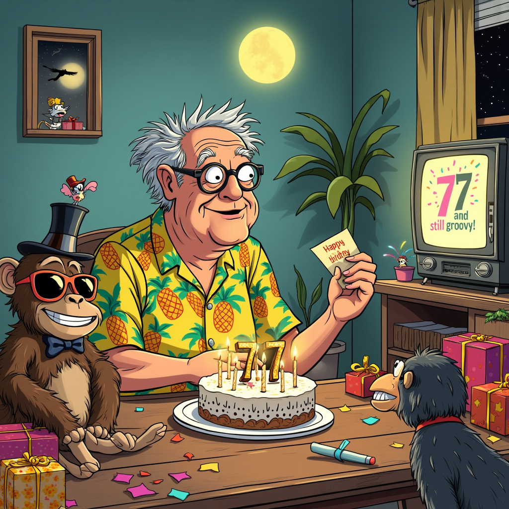 In the foreground of the scene, we have a jovial, elderly man named Harold, who is celebrating his 77th birthday. Harold, with his wiry gray hair sticking out in all directions like a mad scientist's and his round spectacles slightly askew, is dressed in a brightly colored Hawaiian shirt covered in comical pineapples wearing sunglasses. He's sitting at a cluttered wooden table with a slice of cake in front of him. The cake, of course, is humorously shaped like a giant number "77," with candles that look like miniature fireworks, just about to burst.

Surrounding Harold are a quirky assortment of cartoon animals, taking a nod from the whimsical style of Bill Watterson and Gary Larson. To his left, a dapper dog wearing a bowtie and monocle (a subtle homage to Will Eisner’s classy characters) is presenting a card that says "77 and still groovy!" On Harold’s right, a cheeky chimpanzee in a party hat is popping a party popper, and colorful confetti is spraying out in all directions, capturing the playfulness of Charles Schulz's Peanuts.

In the background, the scene extends into a living room that is full of life and reminiscent of a vintage Disney setting. There is a retro television set in one corner, showing a classic episode of a black-and-white cartoon, as a nod to Osamu Tezuka’s Astro Boy. Above the TV, a framed picture of a younger Harold skydiving hangs, adding a touch of nostalgia and hinting at his adventurous past.

On the left side of the room, there is an open window with a large, luminous full moon visible, casting a gentle glow into the room – a tribute to Winsor McCay's dreamy landscapes in Little Nemo in Slumberland. Outside the window, you can see a few whimsical birds in mid-conversation, one wearing a top hat and the other a tiny scarf, reminiscent of Art Spiegelman's detailed animal characters.

Scattered around the floor are various birthday presents wrapped in vibrant, patterned paper. One particularly large gift box, half-open, reveals a comically oversized remote control (a playful jab at the complexity of modern gadgets for the elderly), echoing the wit found in R. Crumb’s underground comix.

Lastly, above Harold's head, there’s a banner strung across the room that reads, "Happy 77th, Harold! You’re still young at heart!" in large, bold letters, bursting with colors and surrounded by balloons of various shapes and sizes, a fun and celebratory nod to Hergé’s energetic Tintin adventures.

The entire scene is bustling with energy, humor, and the warmth of a well-lived life, blending styles and inspirations from the great cartoonists and comic artists to create a uniquely memorable birthday card.
Generated with these themes: Male, 77 Years, and Funny.
Made with ❤️ by AI.