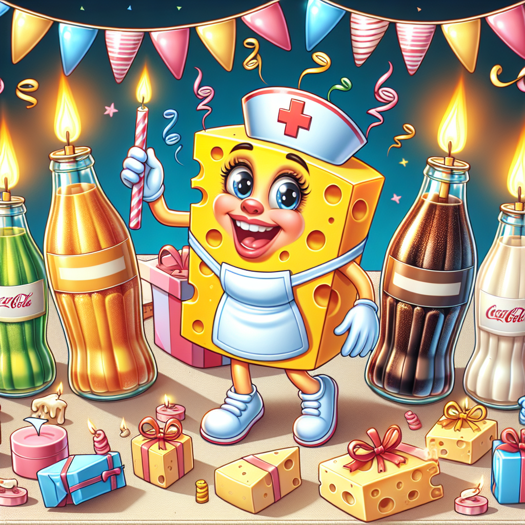 In this charming birthday scene, cartoon elements provide a playful and joyful vibe. A joyful caricature of cheese, dressed in a nurse outfit, is the centerpiece, signifying care and happiness. Surrounding it, playful caricatured bottles of a generic cola drink, topped with party hats, are seen frolicking joyously. Enhancing the ambience, cartoon images of stylishly shaped candles light up the setting. The perceived aromas are represented by artistic, spiraling lines, inviting the viewer into a celebration of both well-being and indulgence.
Generated with these themes: Babybel, Nurse, Pepsi Max, and Jo Malone candles.
Made with ❤️ by AI.