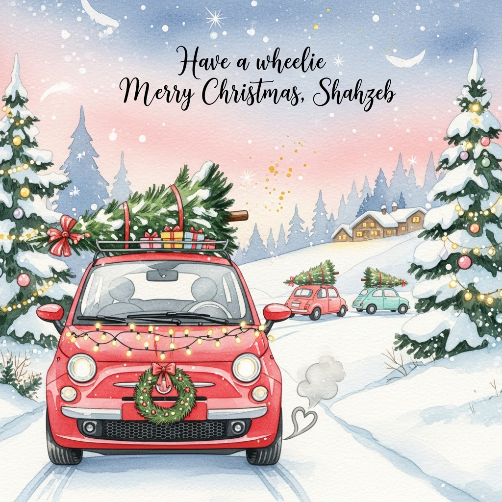 At the top of the Watercolor Style image, Have a wheelie Merry Christmas, Shahzeb!

Cute, whimsical watercolor scene with soft washes, delicate gradients, subtle pigment blooms, and visible cold-pressed paper texture. A cherry-red Fiat 500 is the hero in a snowy Christmas landscape, 3/4 front view, big round “smiley” headlights, a pine wreath on the grille, and warm fairy lights twinkling around the car. A fresh fir tree, tied with a tartan ribbon, sits on the roof rack with a few tiny gift boxes. Gentle heart-shaped exhaust puff in the cold air. The car rests on a powdery snow lane with pale cerulean shadows.

Flanking the road are tall spruce and fir trees dusted with snow, some strung with soft golden lights and pastel ornaments. In the midground, a tiny convoy of pastel-colored cars follows the theme—each carrying a miniature Christmas tree on its roof—dissolving into soft washes for depth. Far back, cozy chalet rooftops peek through, windows glowing warmly.

Sky is a dreamy wet-on-wet twilight gradient from blush pink to icy blue, with floating, feathery snowflakes and a few shimmering gold-splatter accents to suggest magic. No harsh outlines—edges are velvety and organic, with natural blooms and granulation. Portrait composition with generous airy sky at the top for the single hand-lettered brush-script line. Soft, festive palette: berry reds, pine greens, winter mints, warm candlelight golds, and snowy whites. No additional text or signage.
Generated with these themes: Fiat 500 in a christmas land scape, Cars trees christmas, and .
Made with ❤️ by AI.