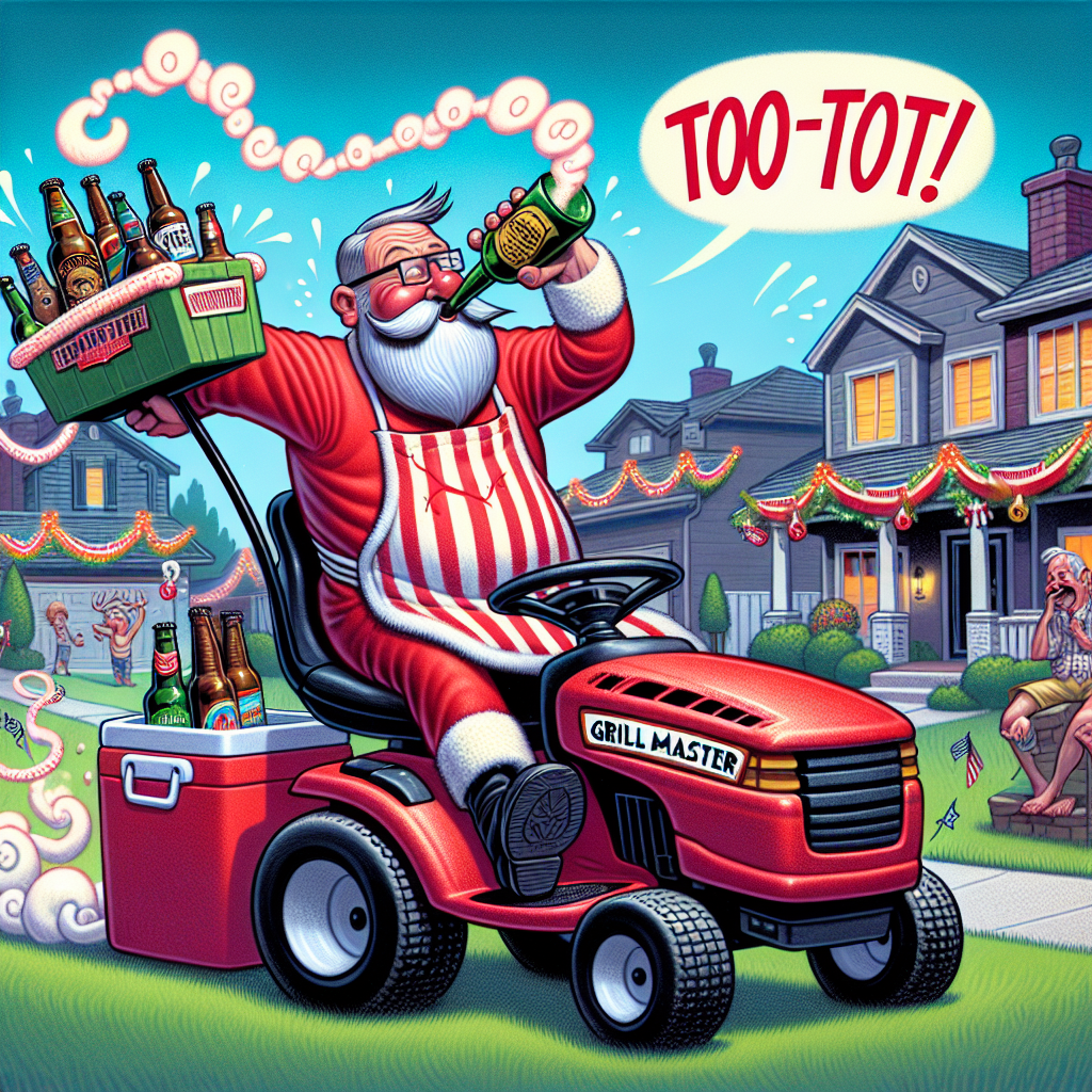 A jovial festive figure, dressed like Santa Claus and donning a red and white striped apron with 'Grill Master' written on it, is humorously portrayed steering a lawn mower through a suburban neighborhood. Instead of a sleigh, he's towing a cooler filled to the brim with a variety of craft beers. Upon reaching his intended location, a comical, gaseous explosion fills the air, accompanied by squiggly lines and the text 'Toot-toot!' He laughs heartily and waves off the resulting odor with his hand, cheerfully proclaiming, 'Just brewing up some Father's Day spirit!' All around, the characteristically sub-urban homes are festooned with banners and balloons resembling mustaches and BBQ grills, all resonant of the spirit of Father's Day, yet curiously devoid of any actual fathers.
Generated with these themes: Daddy Claus, who is Father's Day's version of Father Christmas is delivering beer to a house , and Daddy Claus has farted visibly and says something funny about it.
Made with ❤️ by AI.